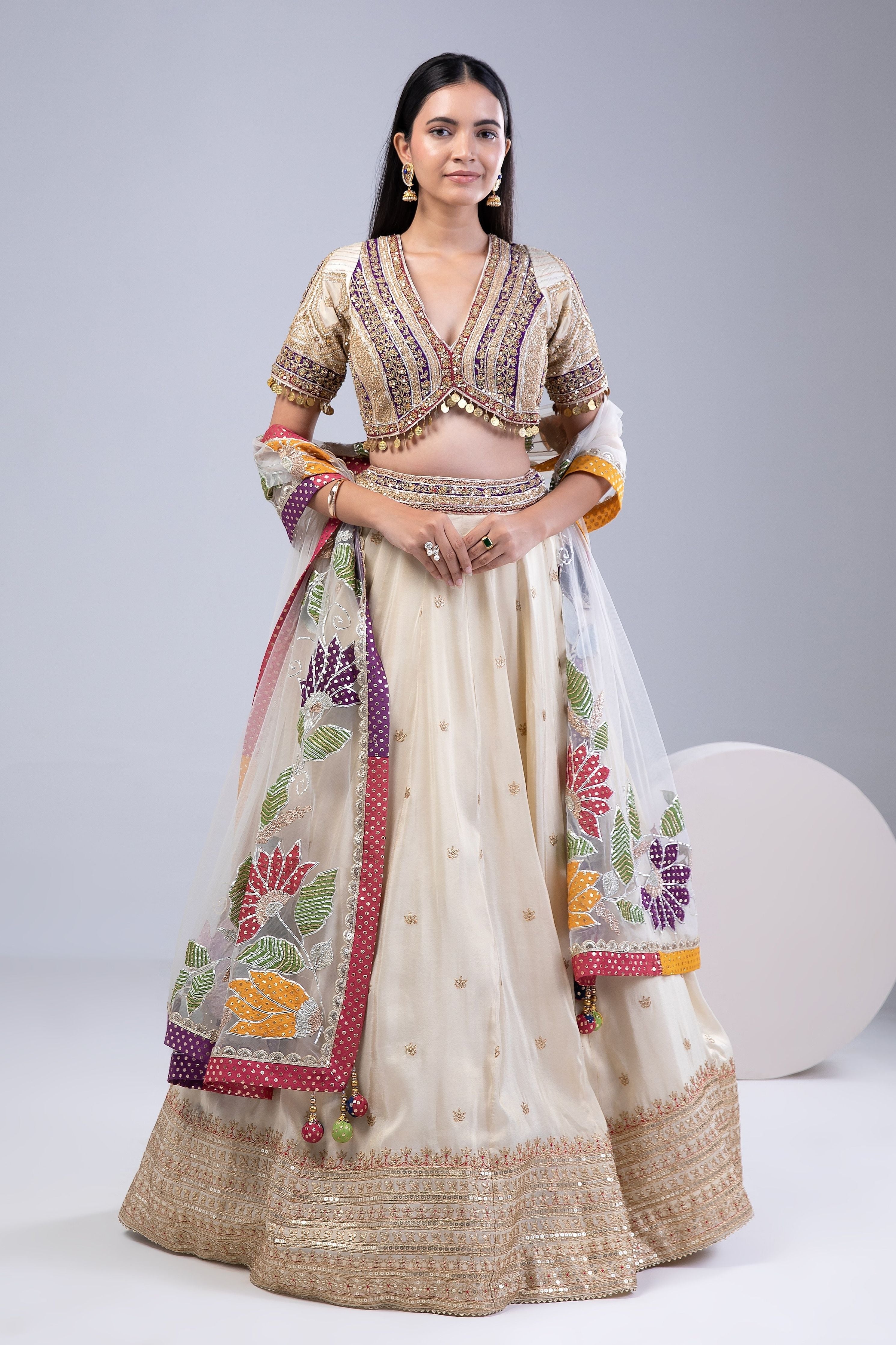 Cream Tissue Silk Lehenga Set - Mokshaa