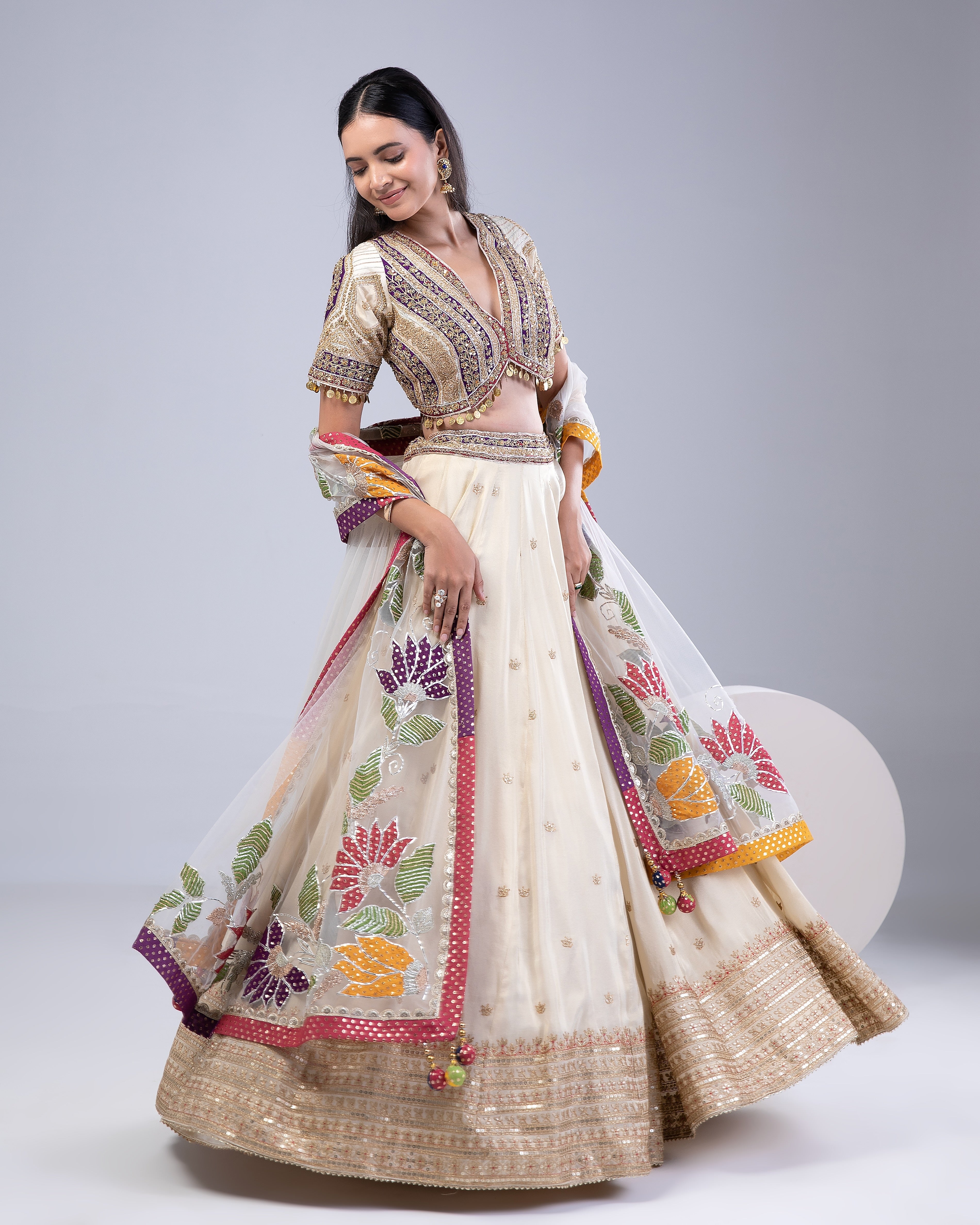 Cream Tissue Silk Lehenga Set - Mokshaa