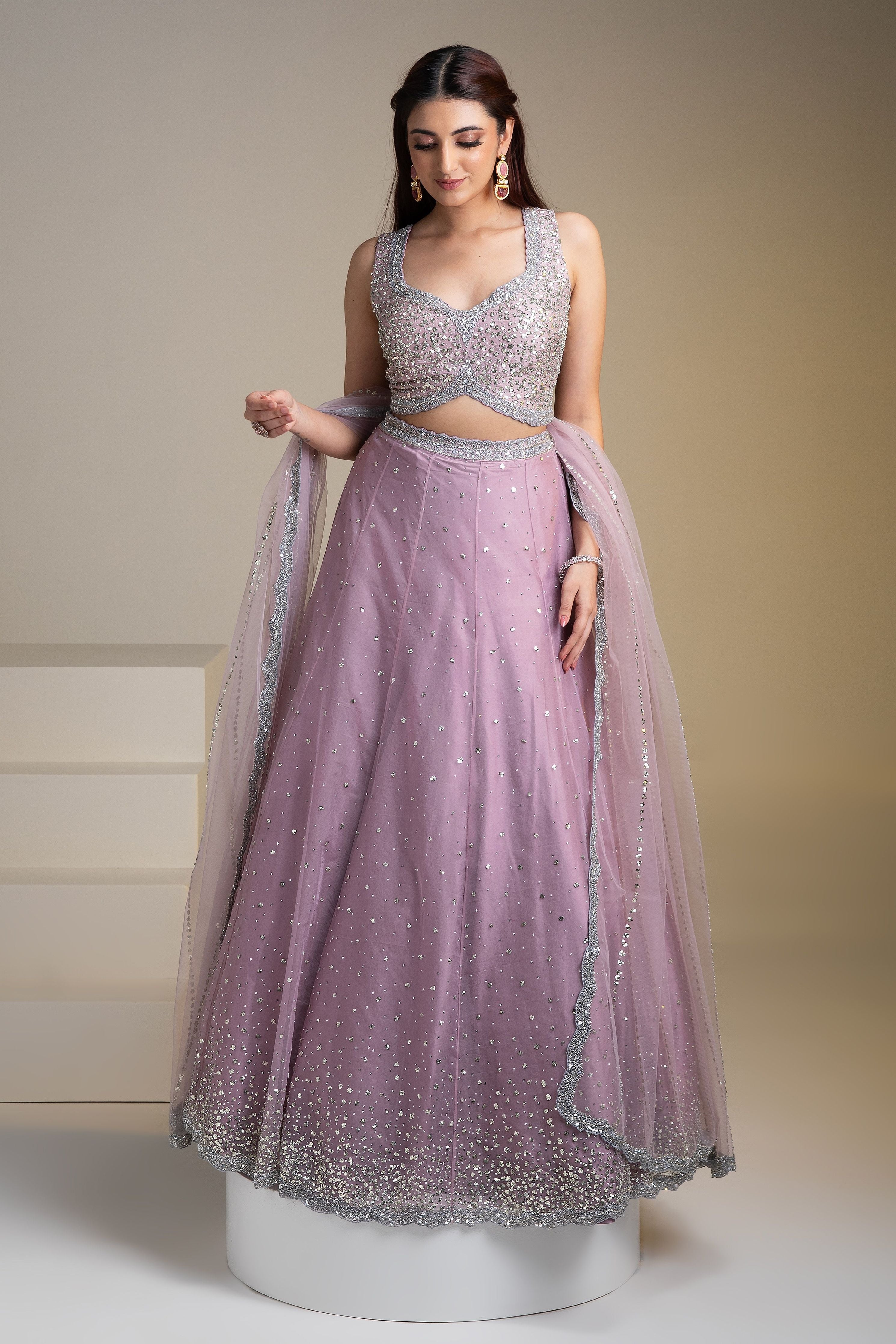 Mauve Organza Lehenga Set with Sequins and Delicate Embroidery - Mokshaa