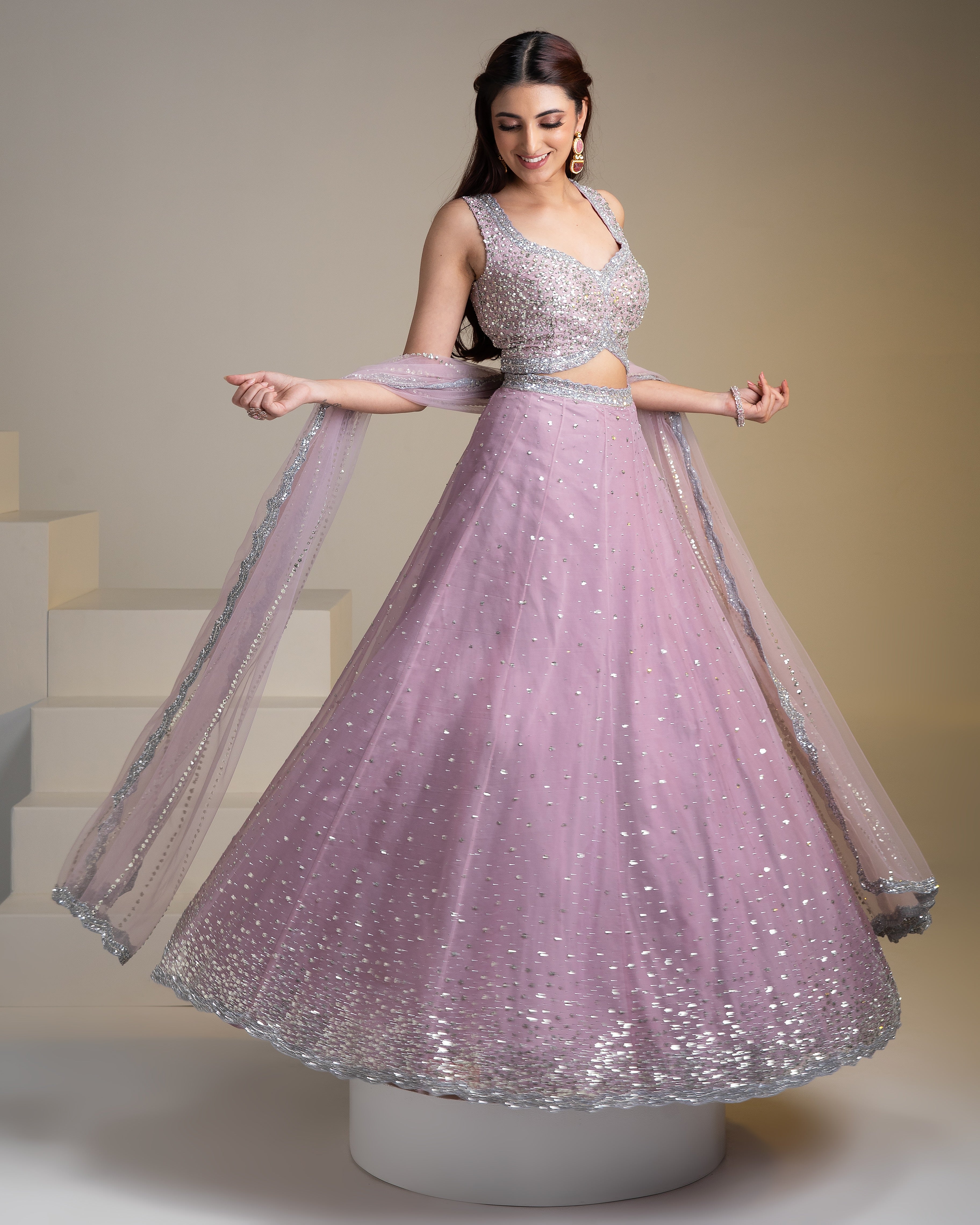 Mauve Organza Lehenga Set with Sequins and Delicate Embroidery - Mokshaa