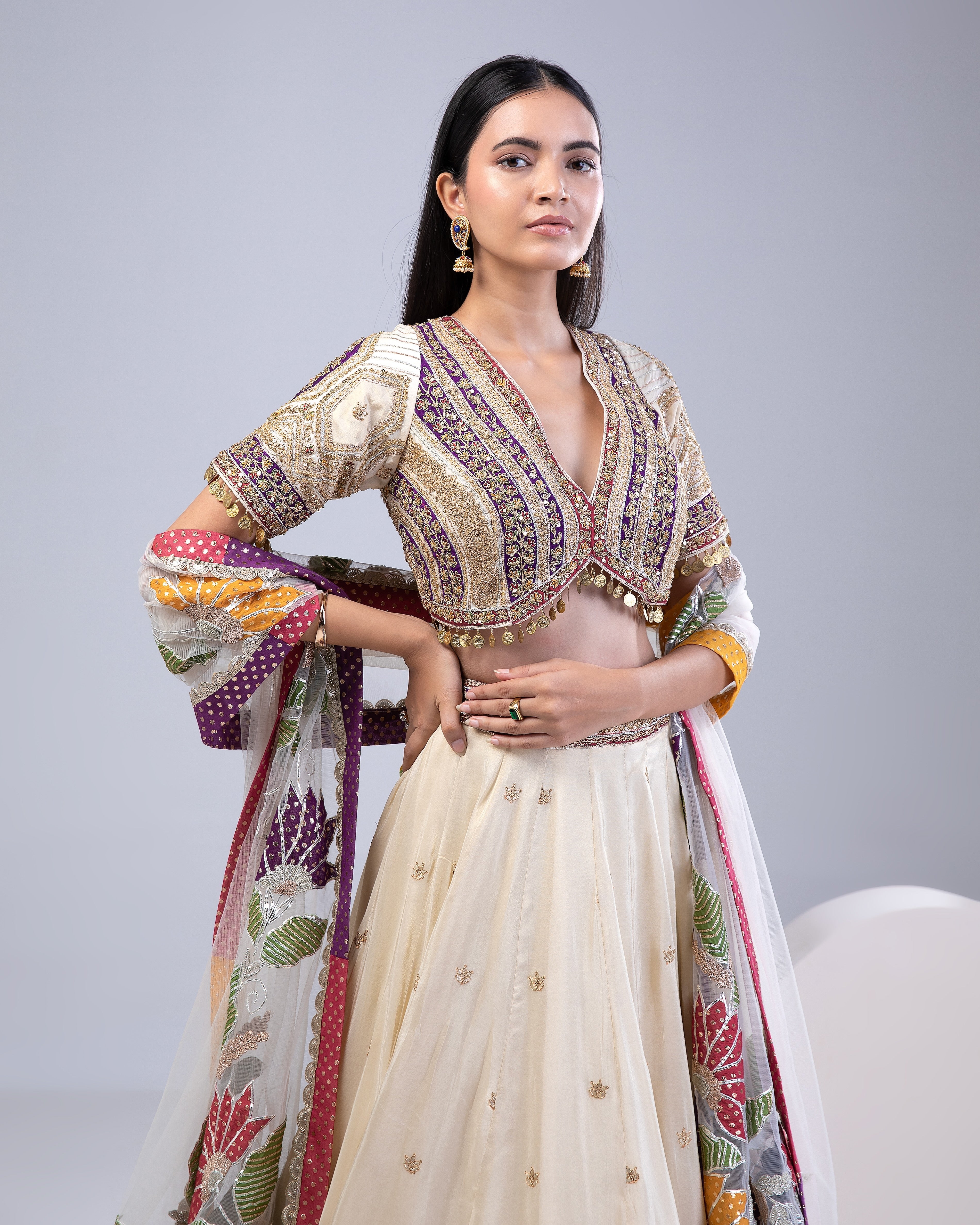 Cream Tissue Silk Lehenga Set - Mokshaa