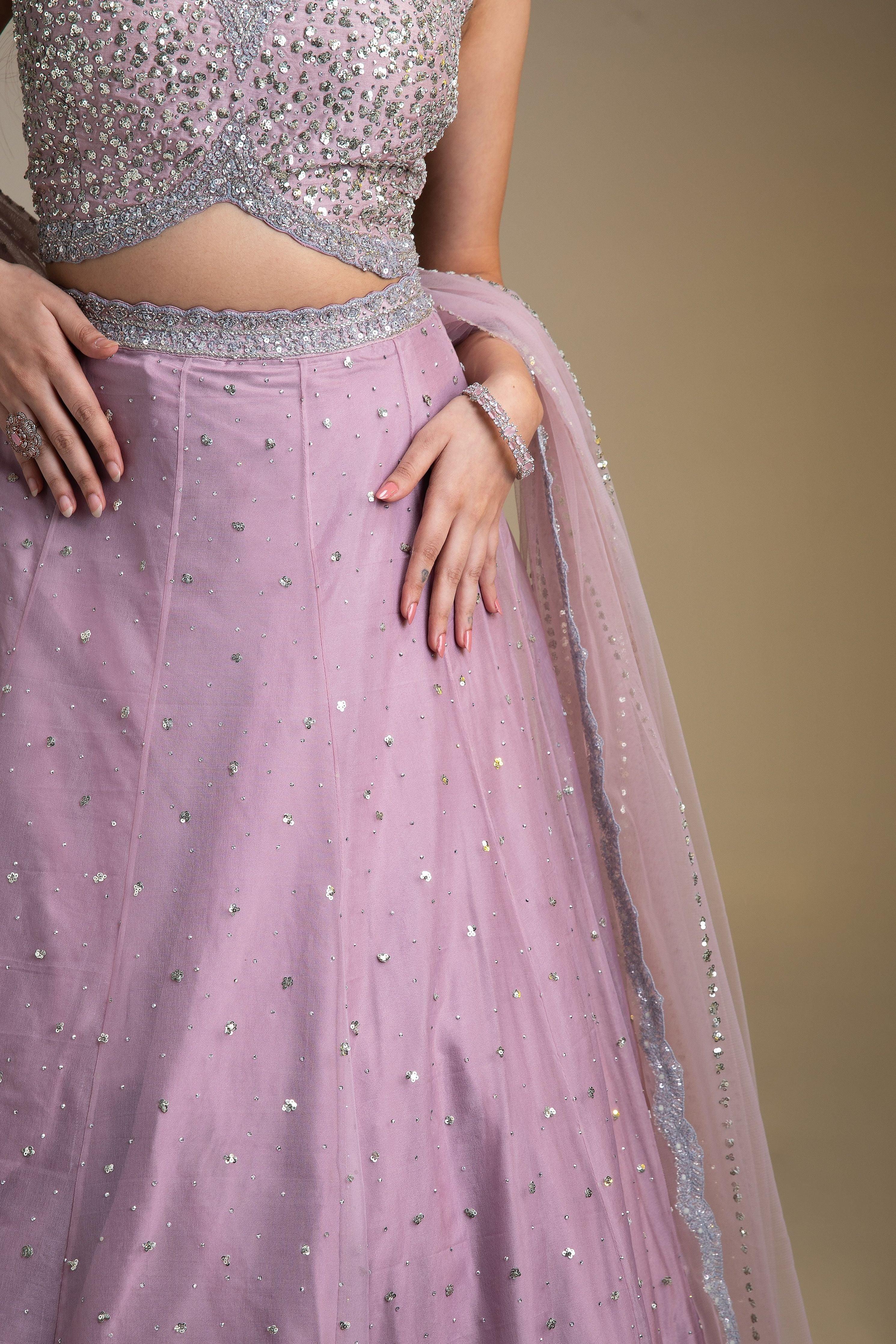 Mauve Organza Lehenga Set with Sequins and Delicate Embroidery - Mokshaa