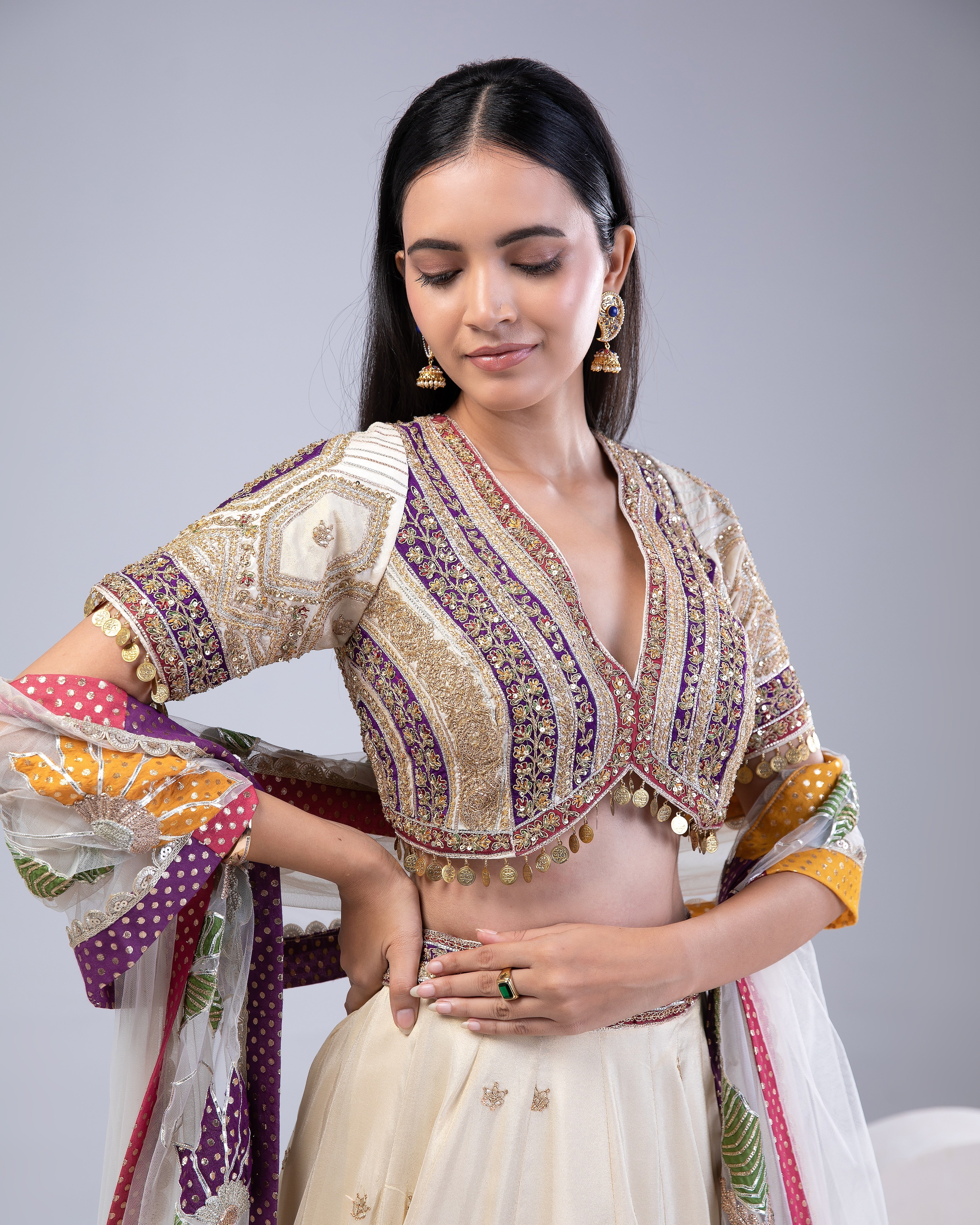 Cream Tissue Silk Lehenga Set - Mokshaa