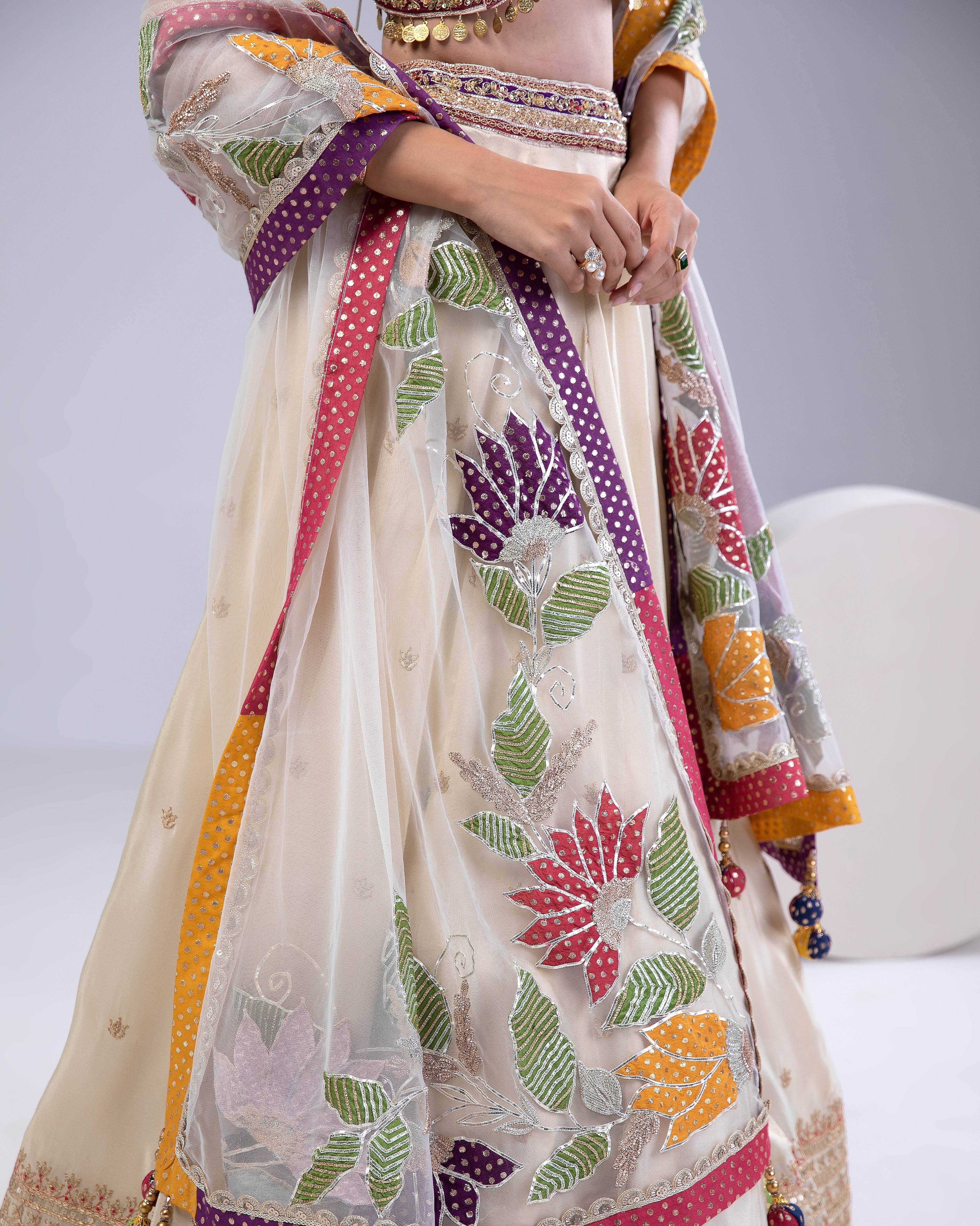 Cream Tissue Silk Lehenga Set - Mokshaa