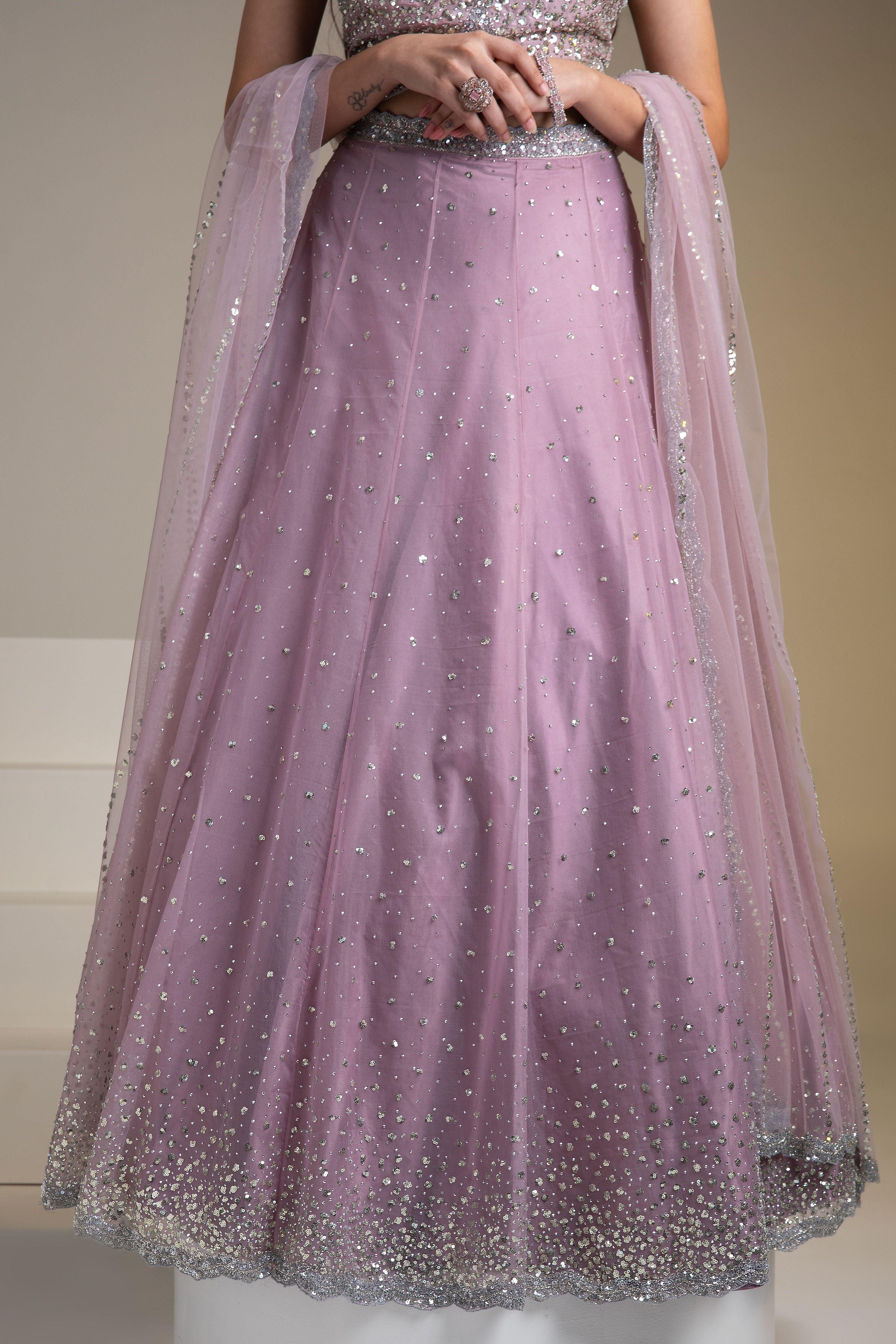Mauve Organza Lehenga Set with Sequins and Delicate Embroidery - Mokshaa