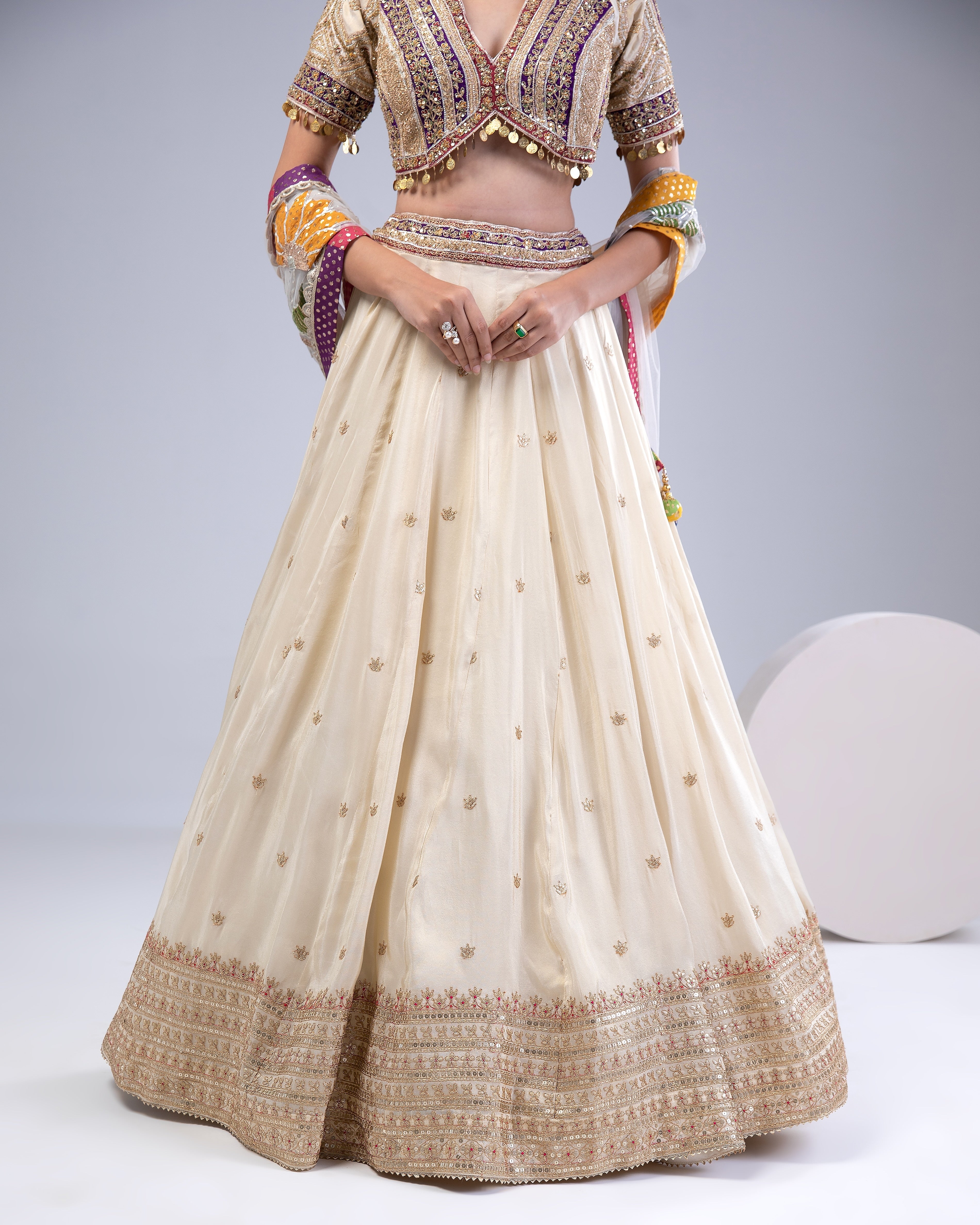 Cream Tissue Silk Lehenga Set - Mokshaa