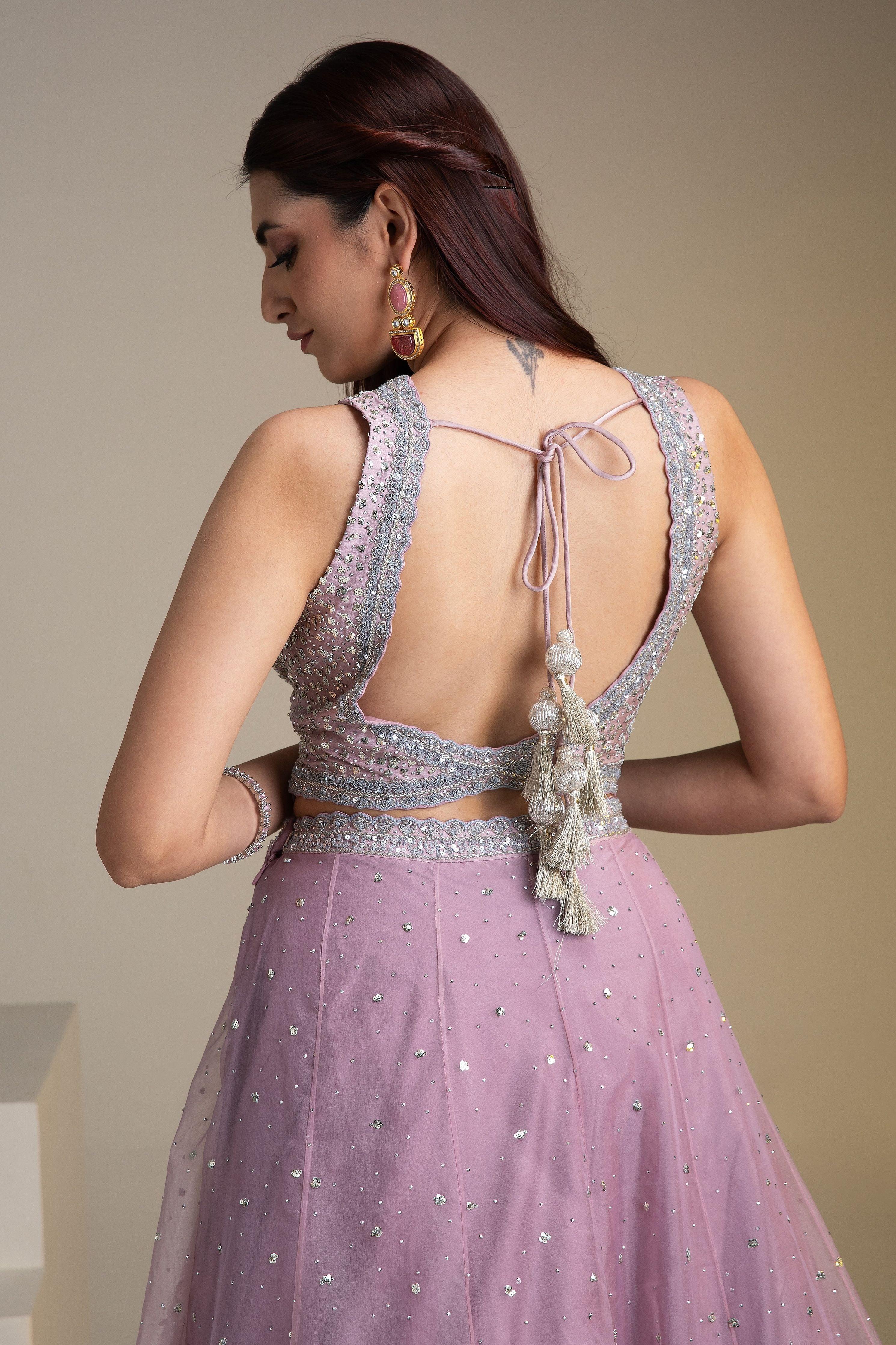 Mauve Organza Lehenga Set with Sequins and Delicate Embroidery - Mokshaa