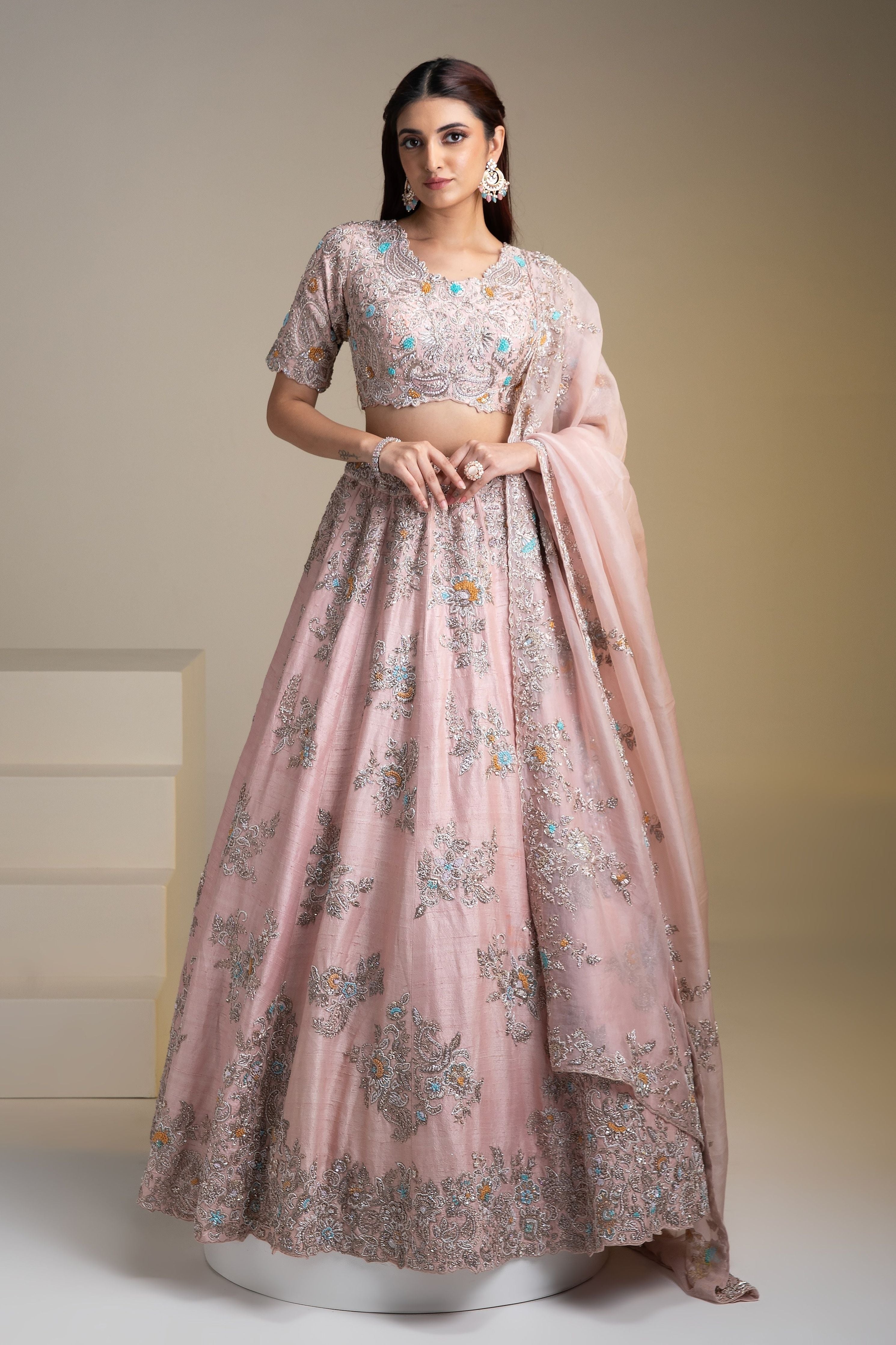 Dusty Pink Raw Silk Lehenga Set with Floral Embroidery - Mokshaa