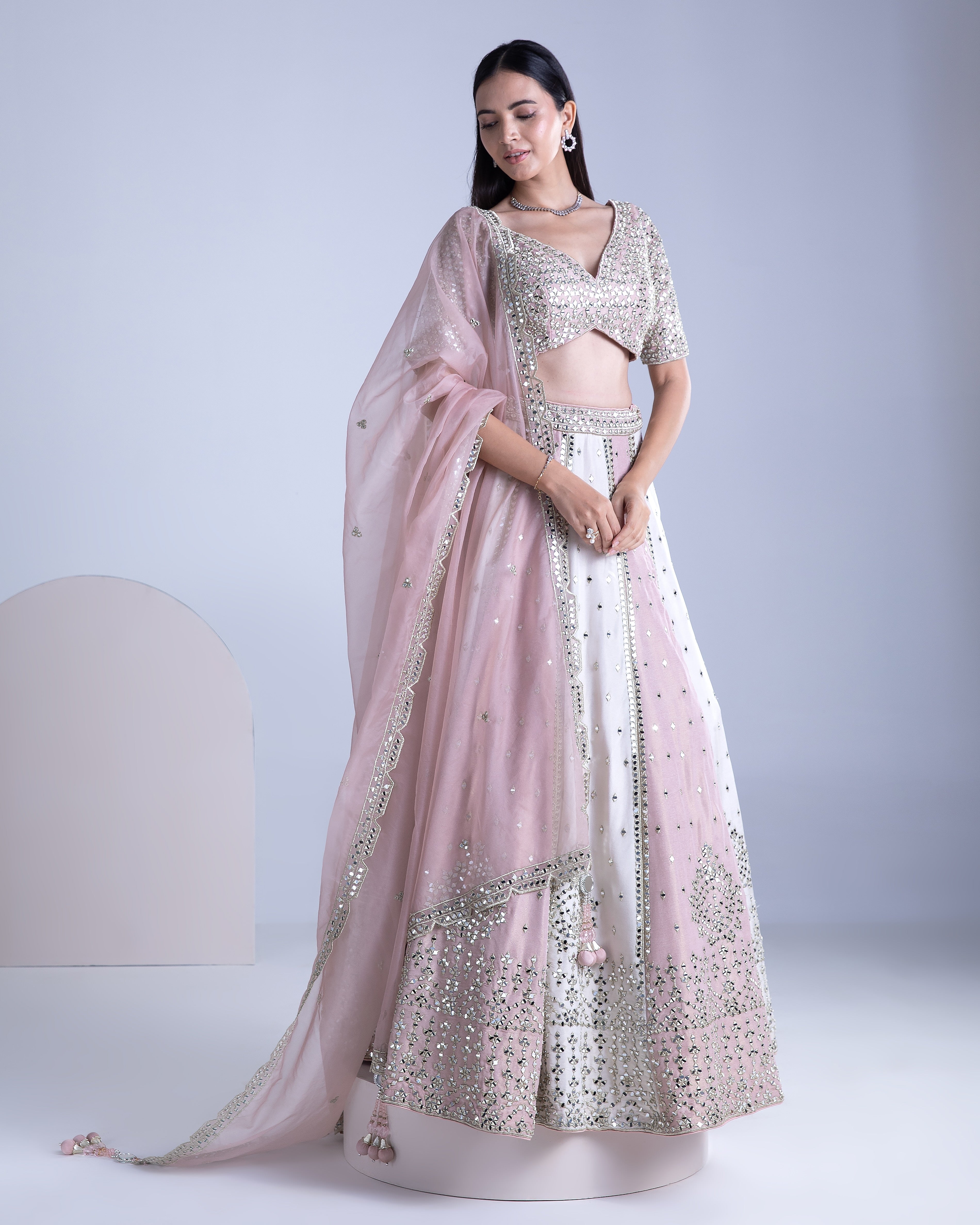 Ivory and Blossom Pink Silk Lehenga Set - Mokshaa