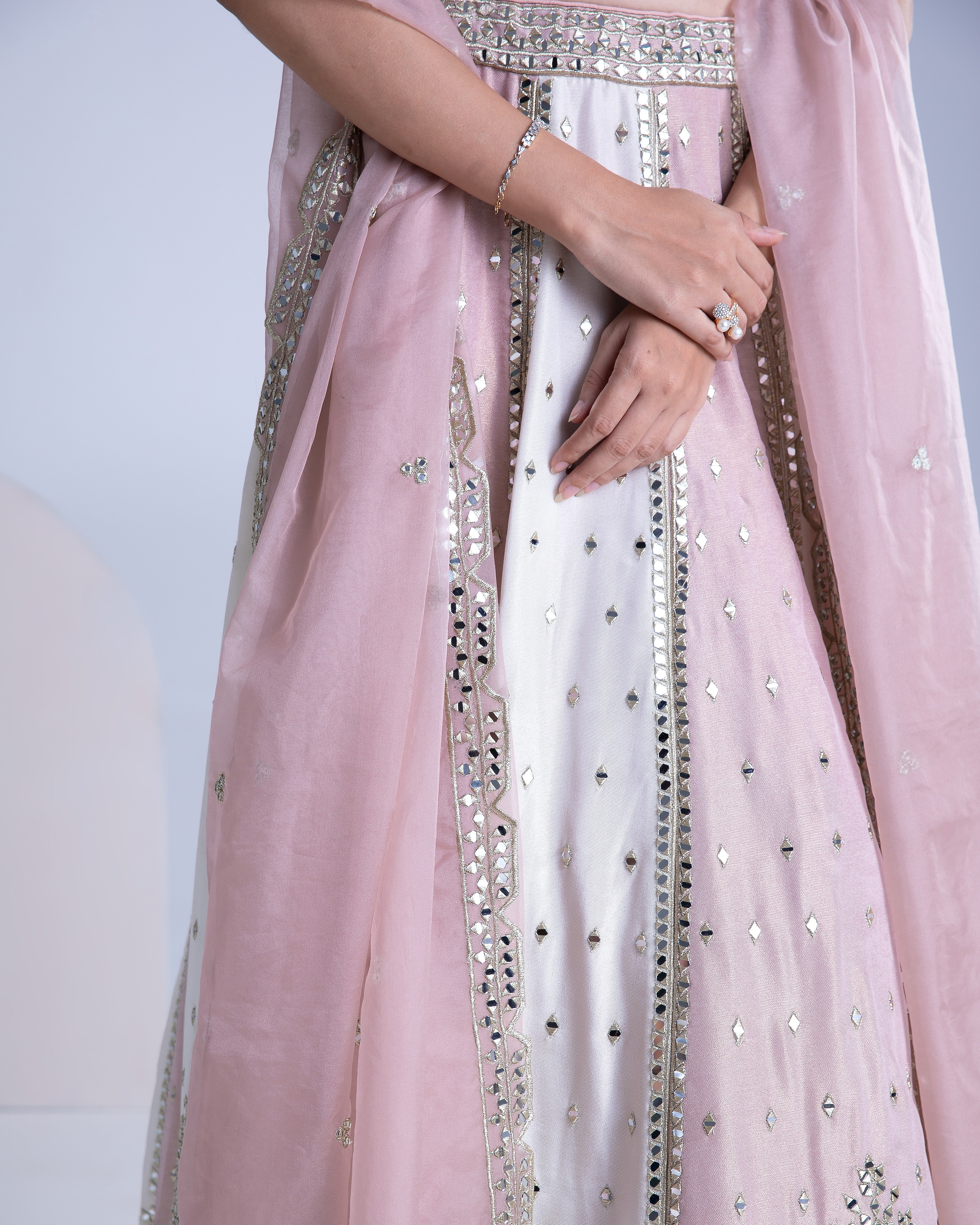 Ivory and Blossom Pink Silk Lehenga Set - Mokshaa