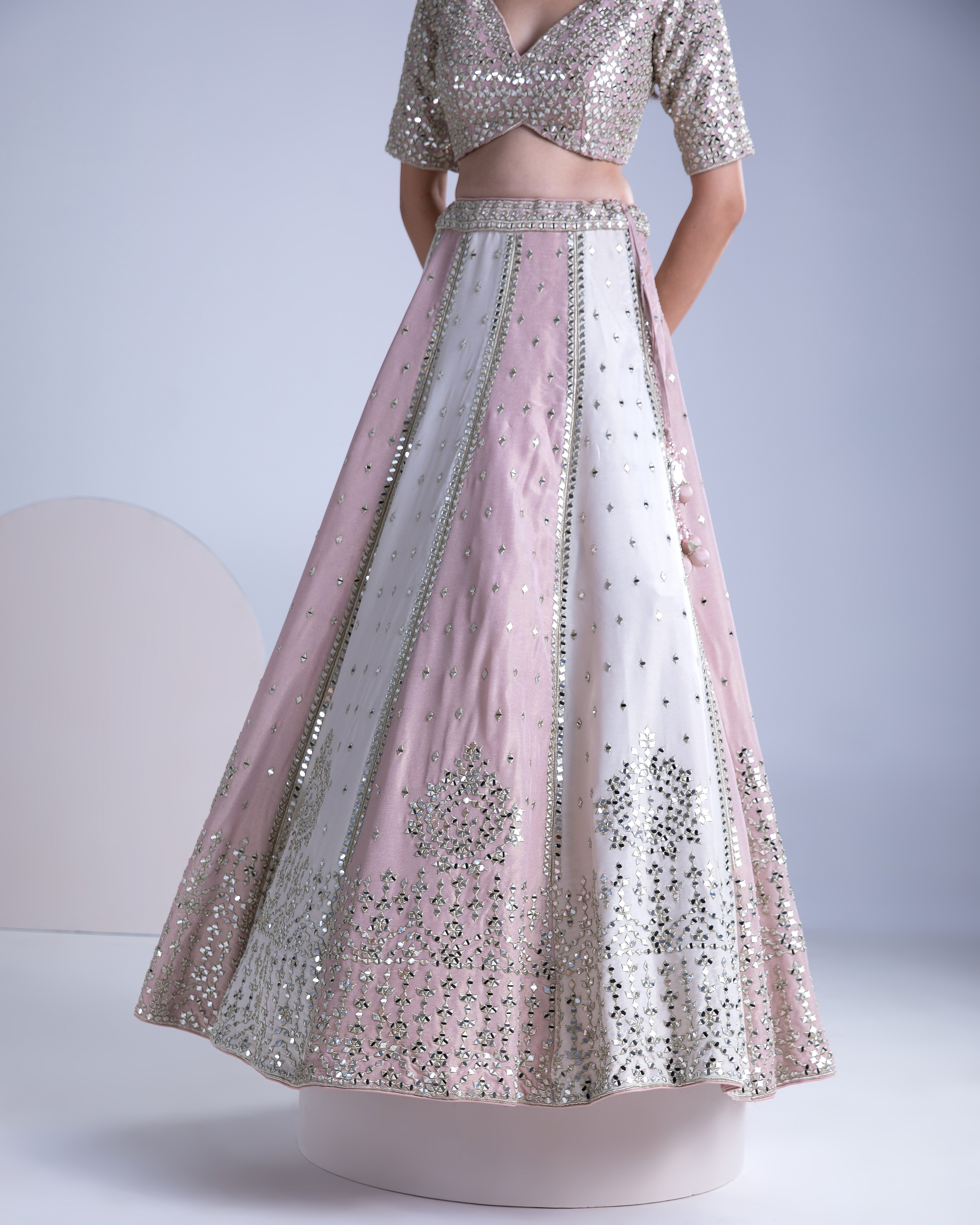 Ivory and Blossom Pink Silk Lehenga Set - Mokshaa