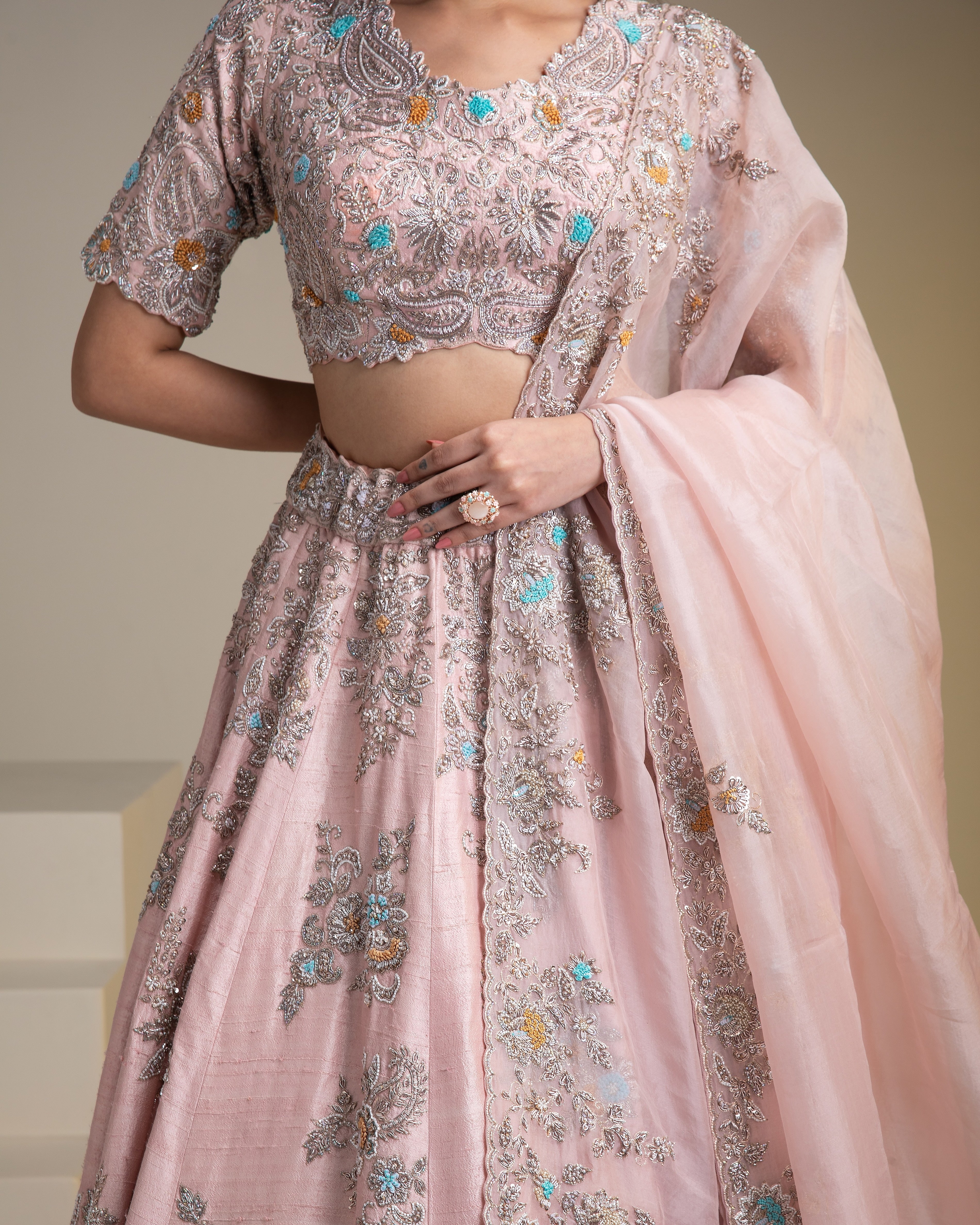 Dusty Pink Raw Silk Lehenga Set with Floral Embroidery - Mokshaa