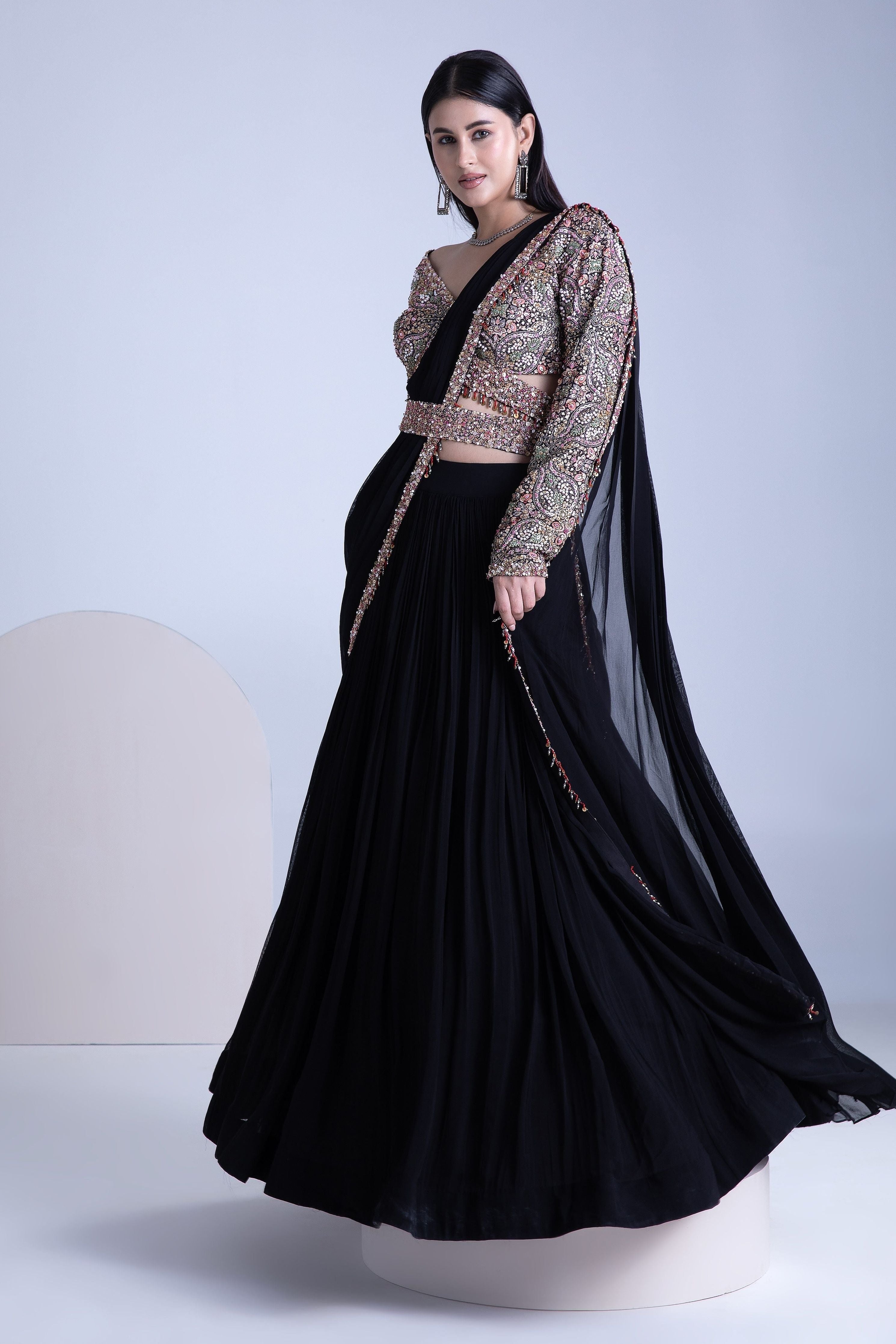 Black Georgette Pleated Lehenga Set - Mokshaa