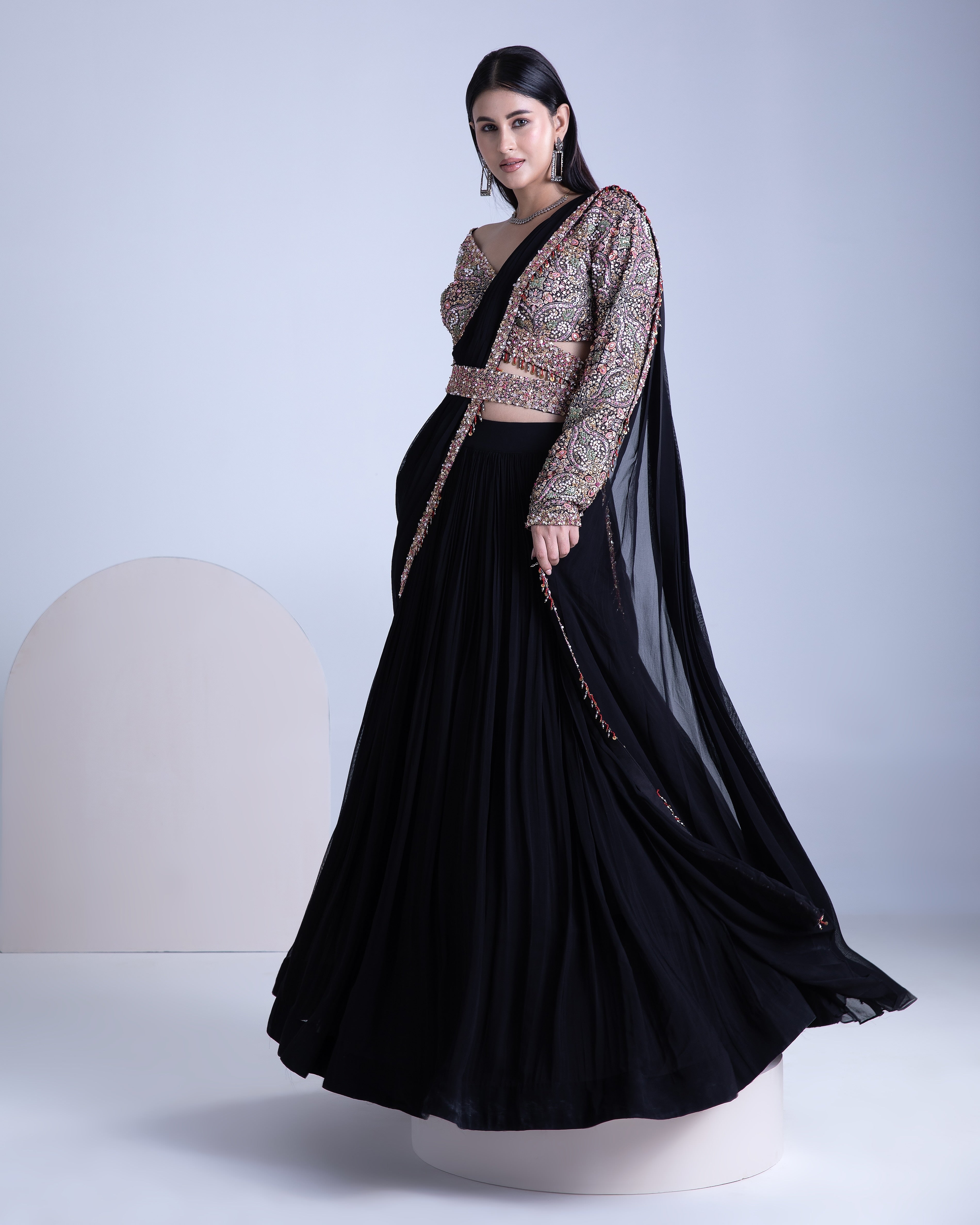 Black Georgette Pleated Lehenga Set - Mokshaa