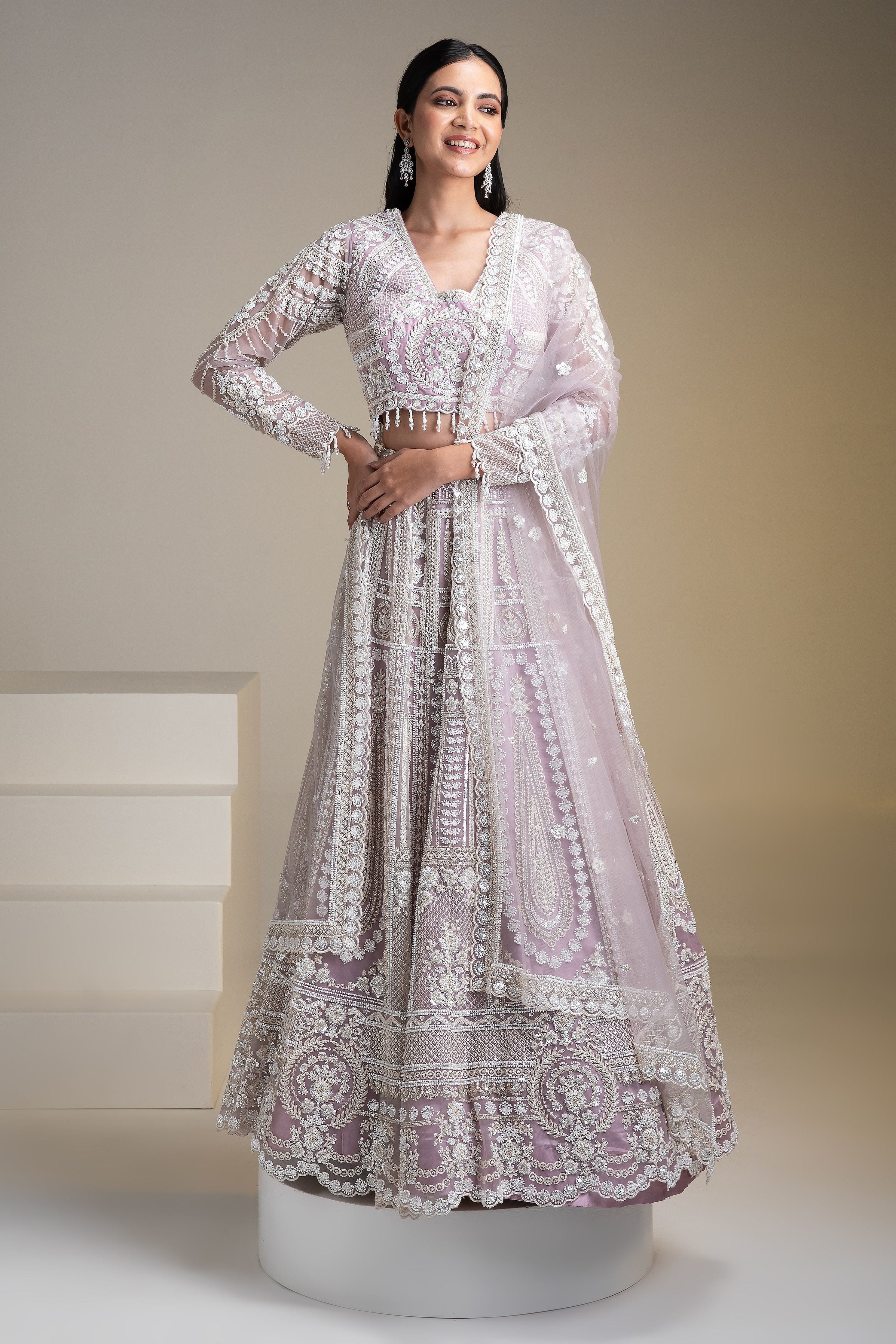 Lavender Net Lehenga Set with Chikankari Embroidery - Mokshaa