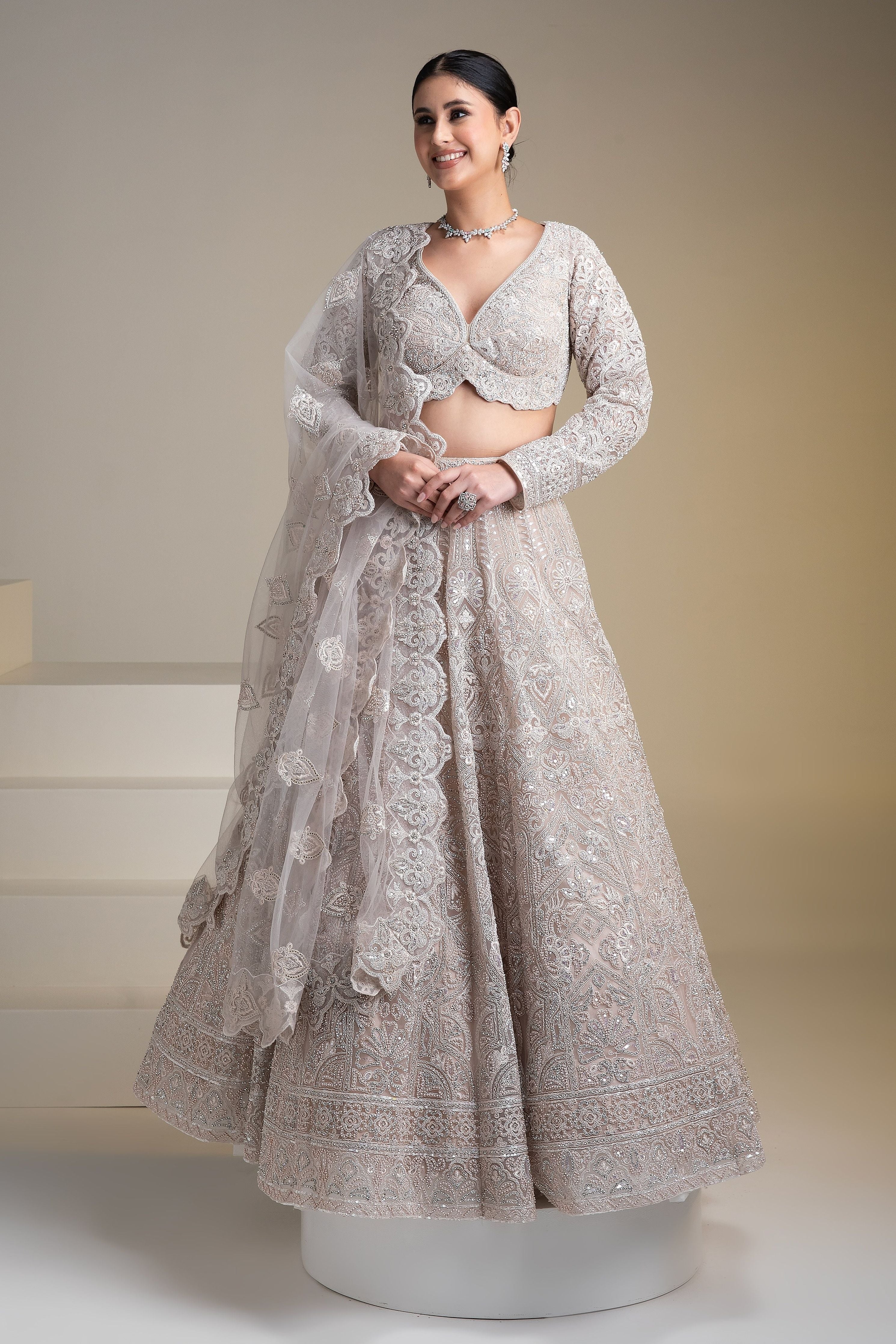 Ivory Net Lehenga Set with Chikankari Embroidery and Sequins - Mokshaa