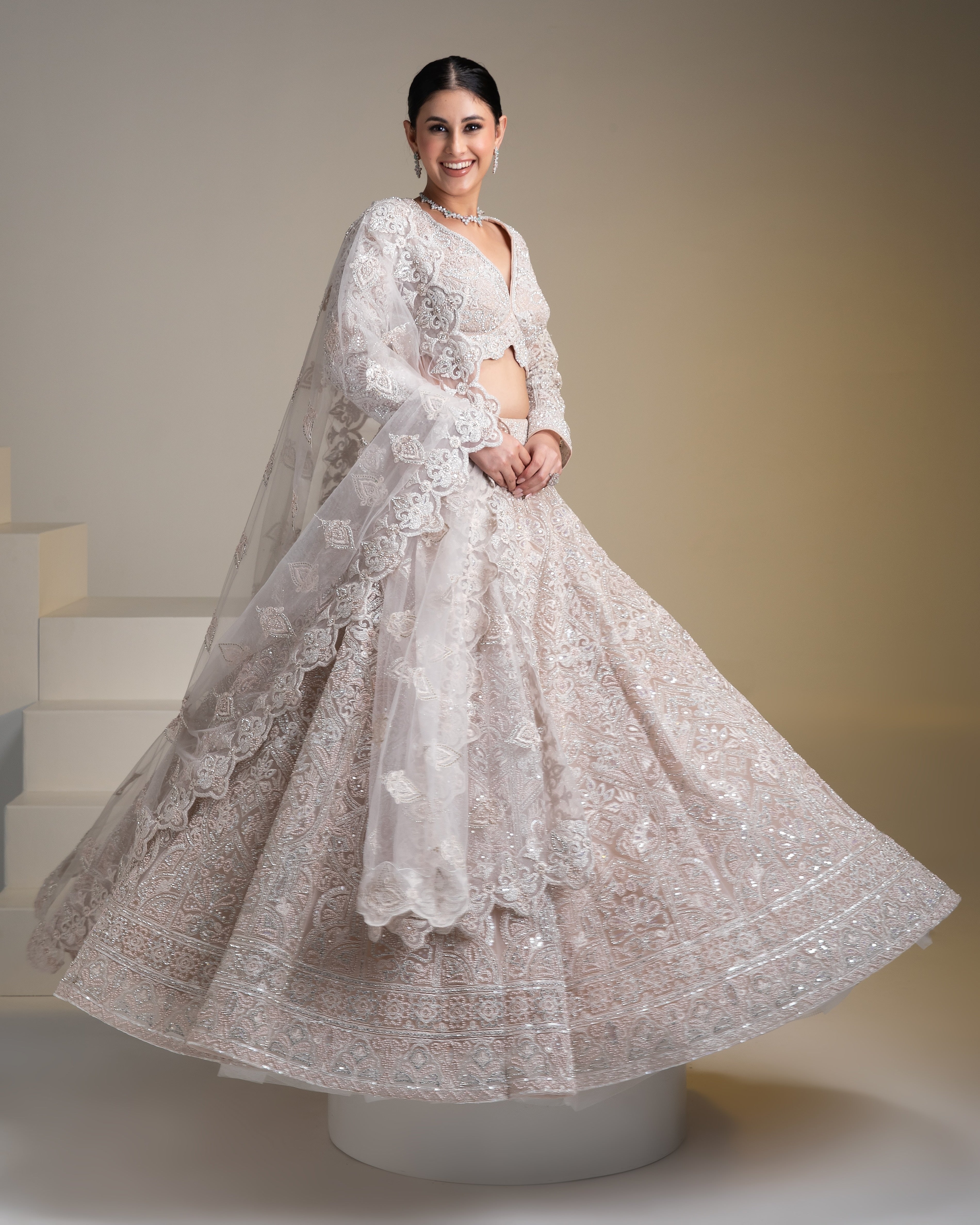 Ivory Net Lehenga Set with Chikankari Embroidery and Sequins - Mokshaa