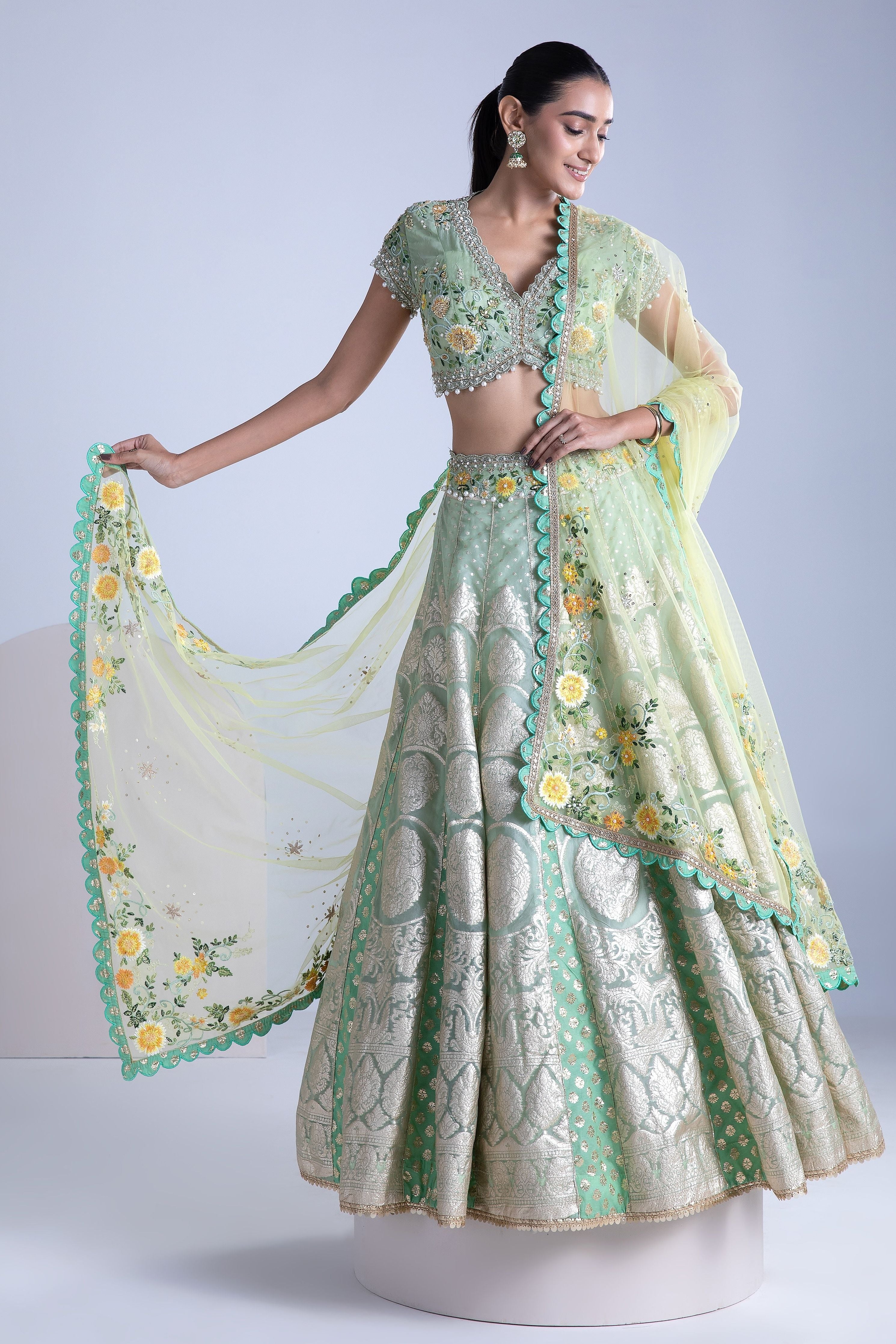 Green Banarasi Silk Lehenga Set - Mokshaa