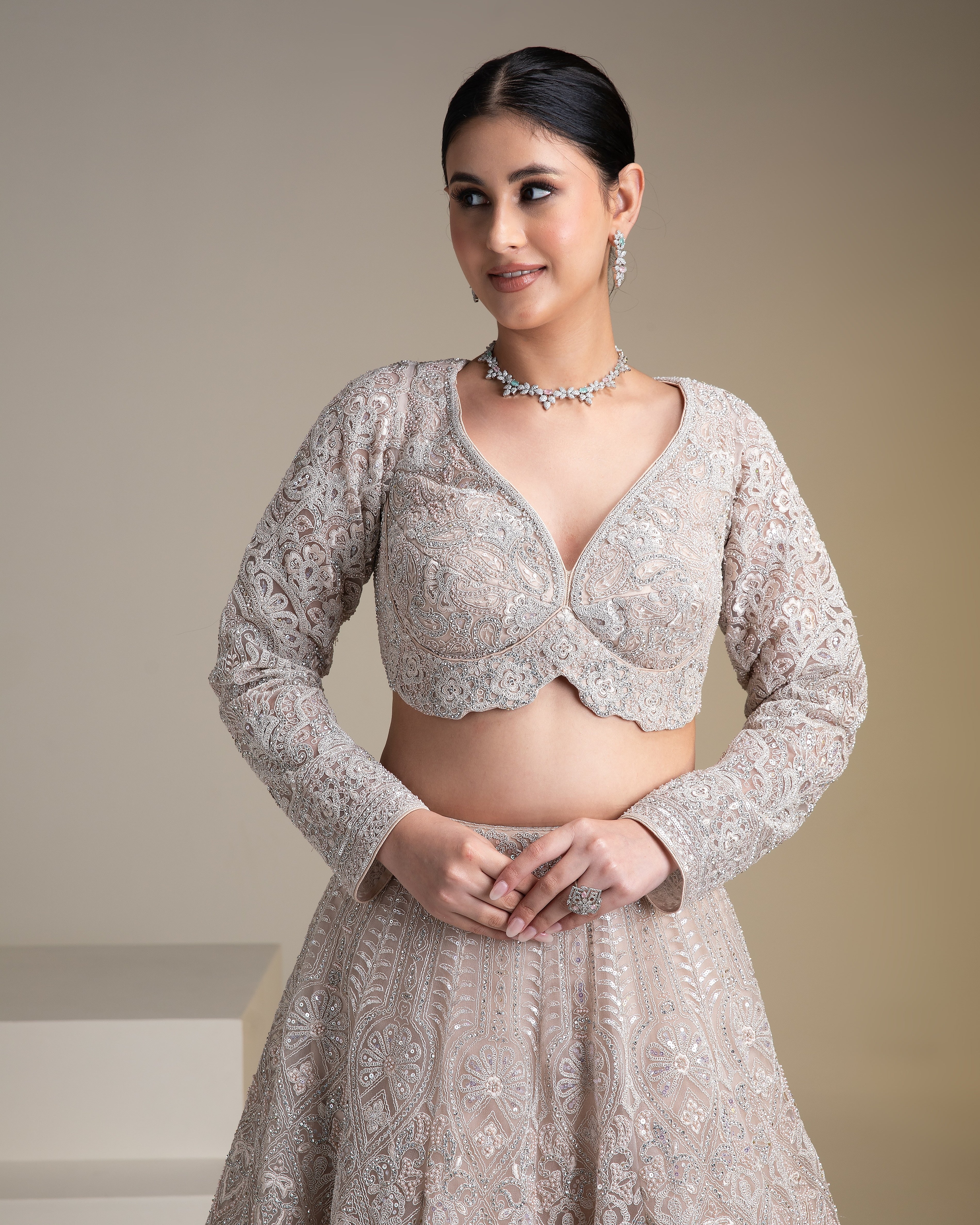 Ivory Net Lehenga Set with Chikankari Embroidery and Sequins - Mokshaa