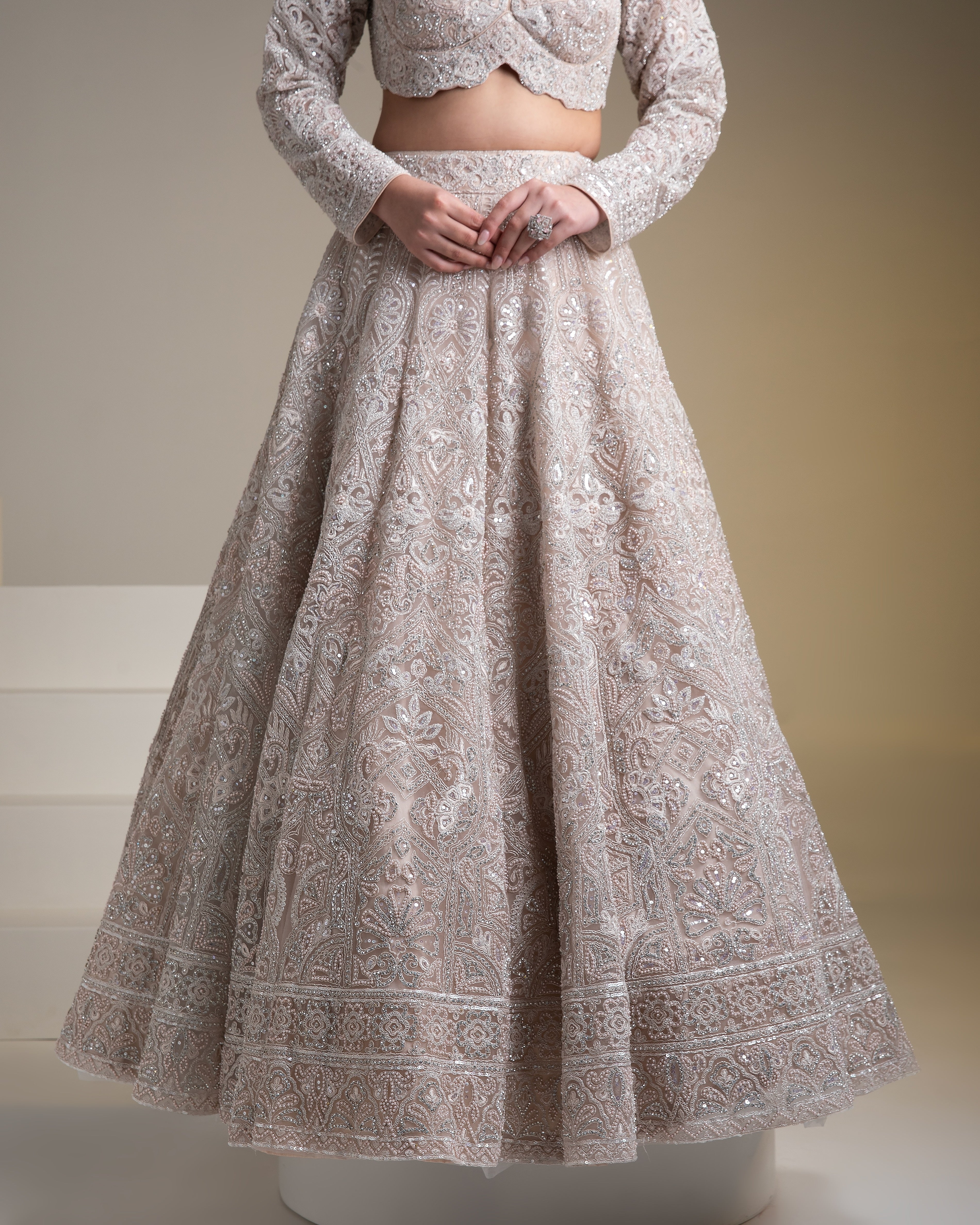 Ivory Net Lehenga Set with Chikankari Embroidery and Sequins - Mokshaa