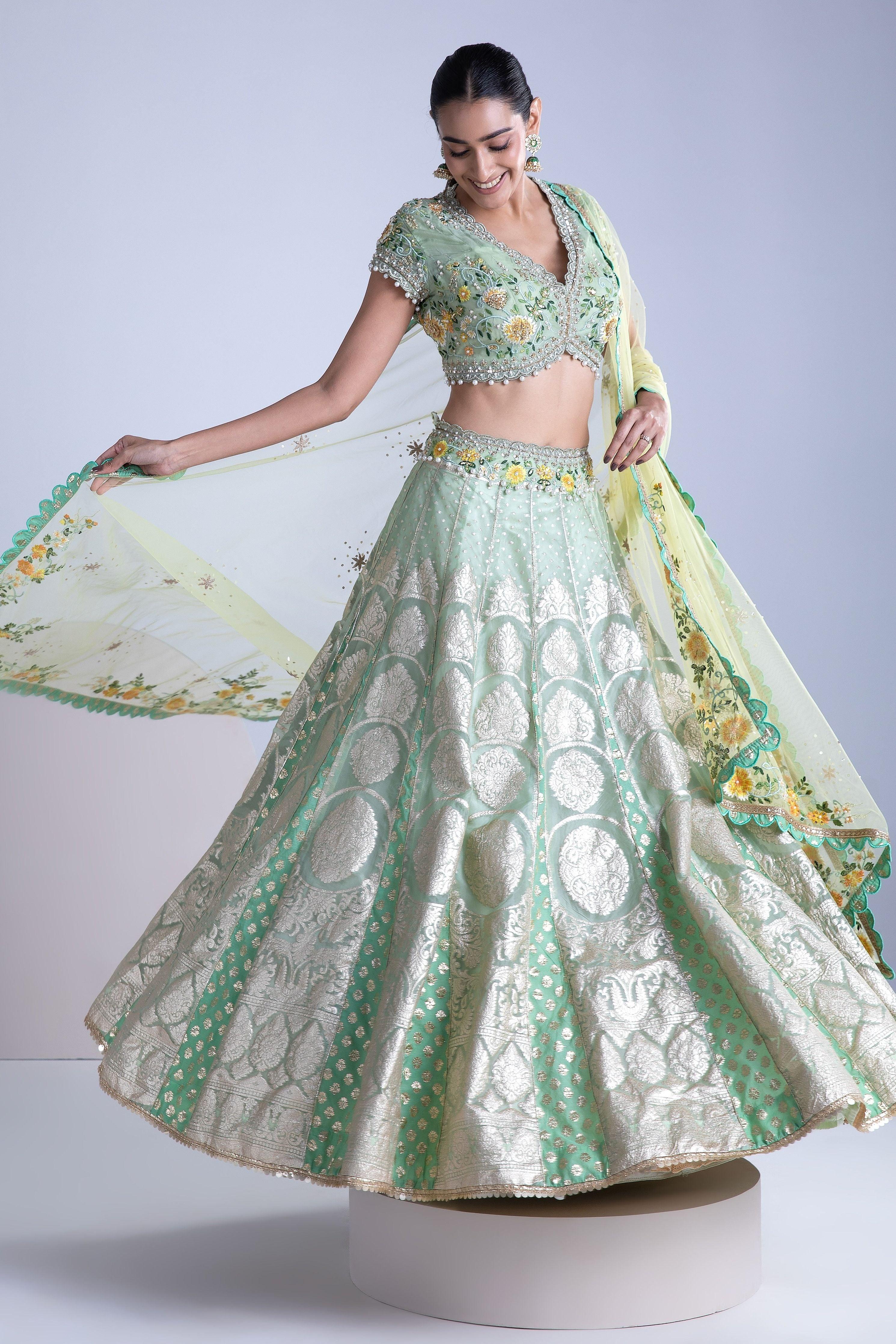 Green Banarasi Silk Lehenga Set - Mokshaa