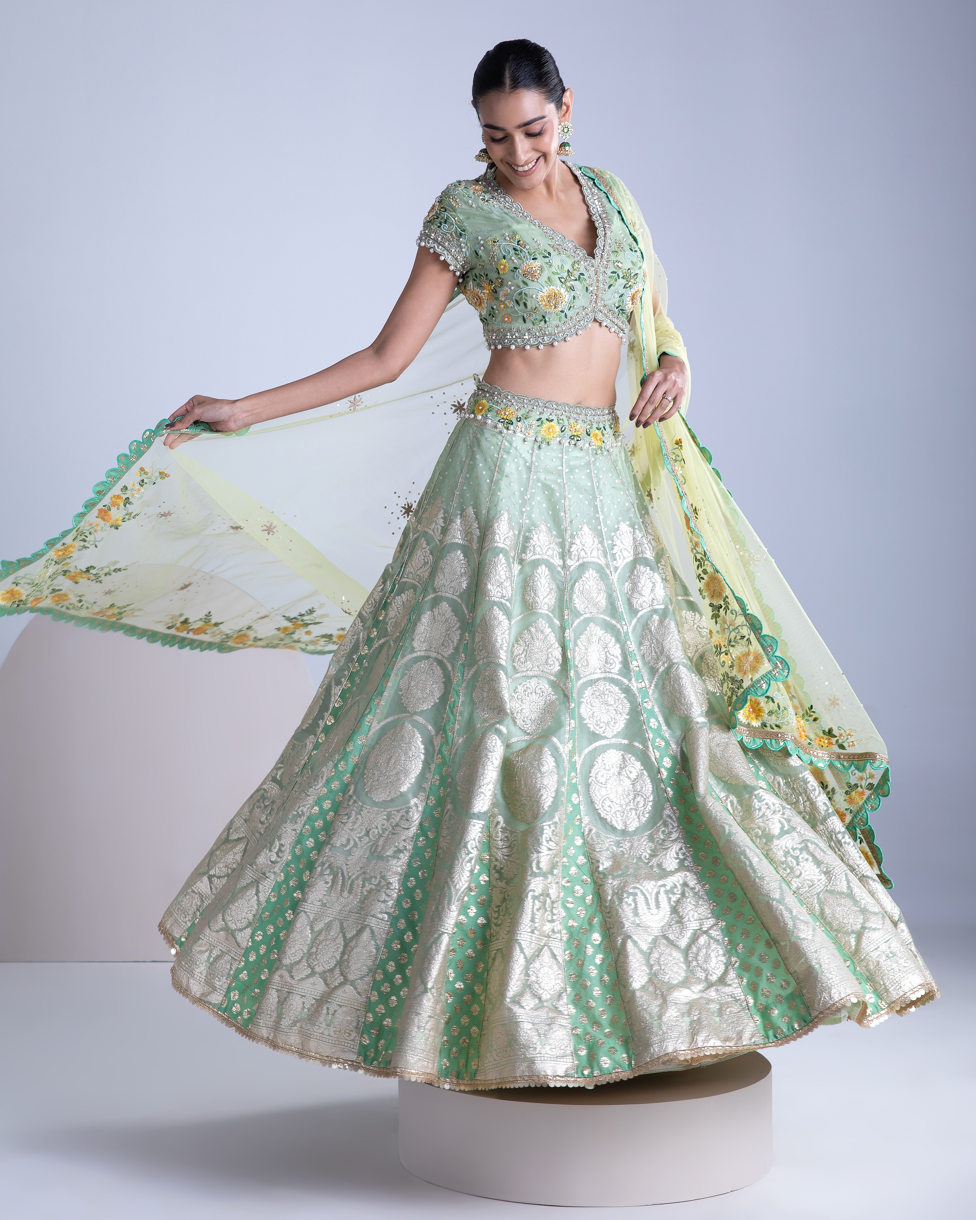 Green Banarasi Silk Lehenga Set - Mokshaa