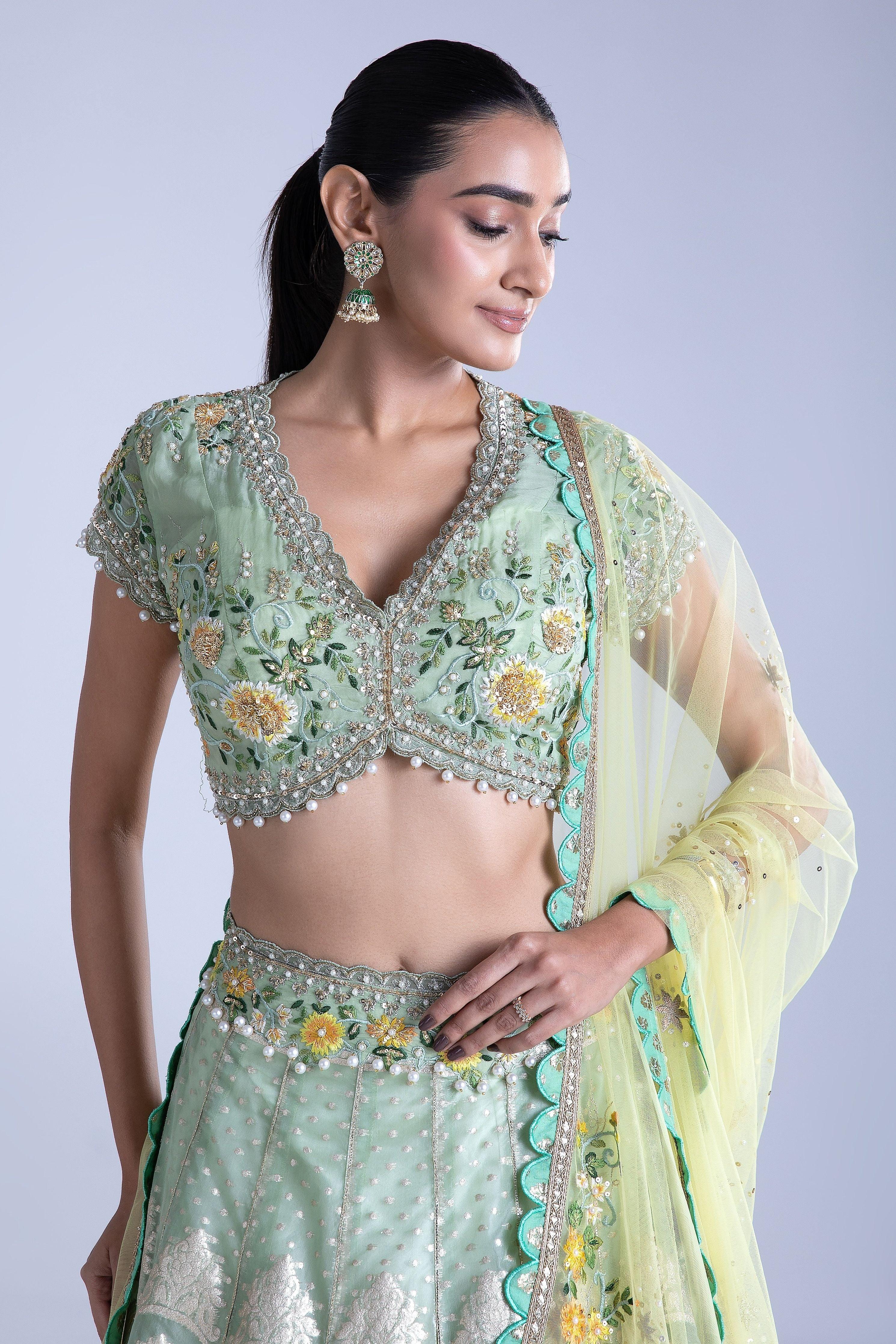 Green Banarasi Silk Lehenga Set - Mokshaa