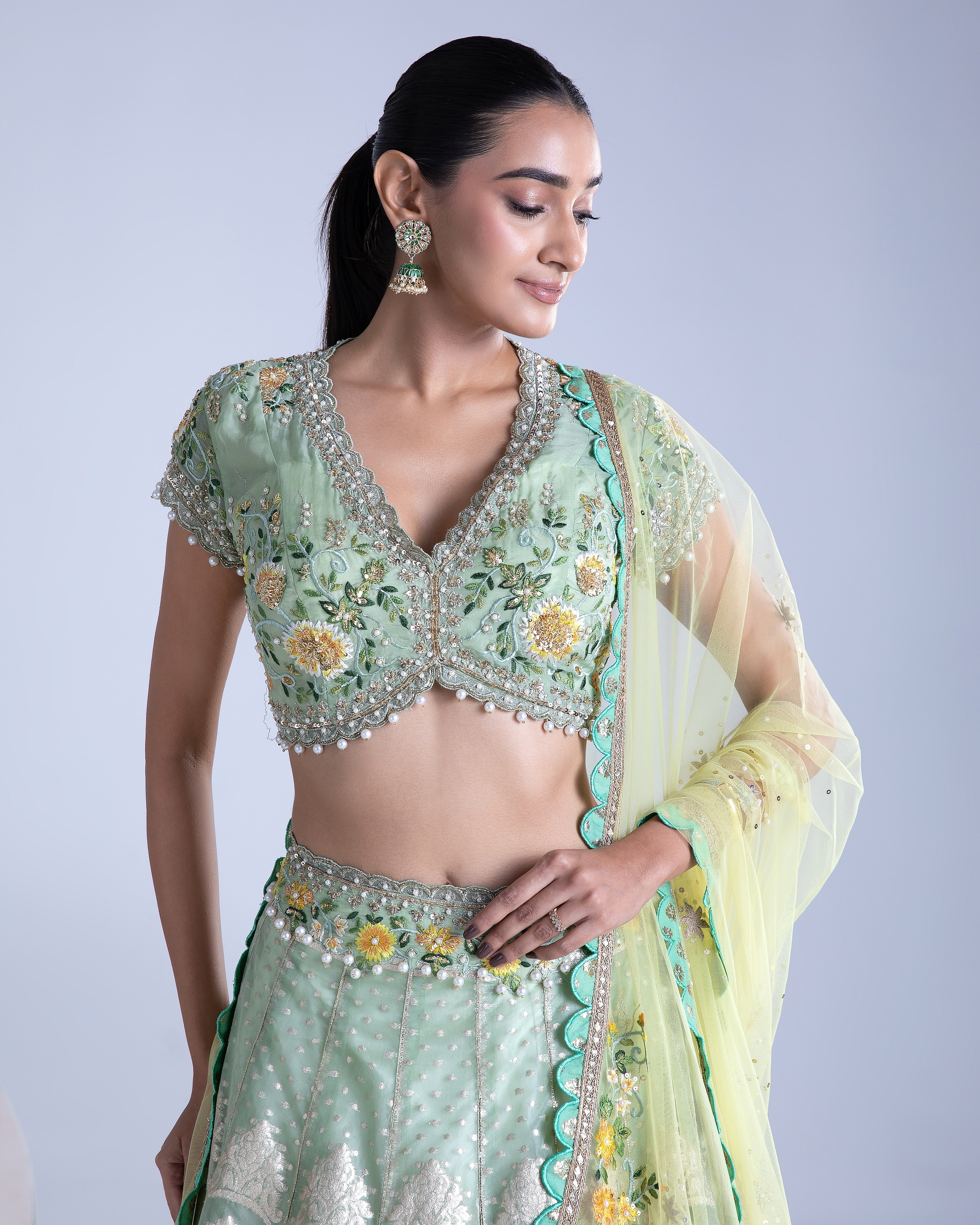 Green Banarasi Silk Lehenga Set - Mokshaa