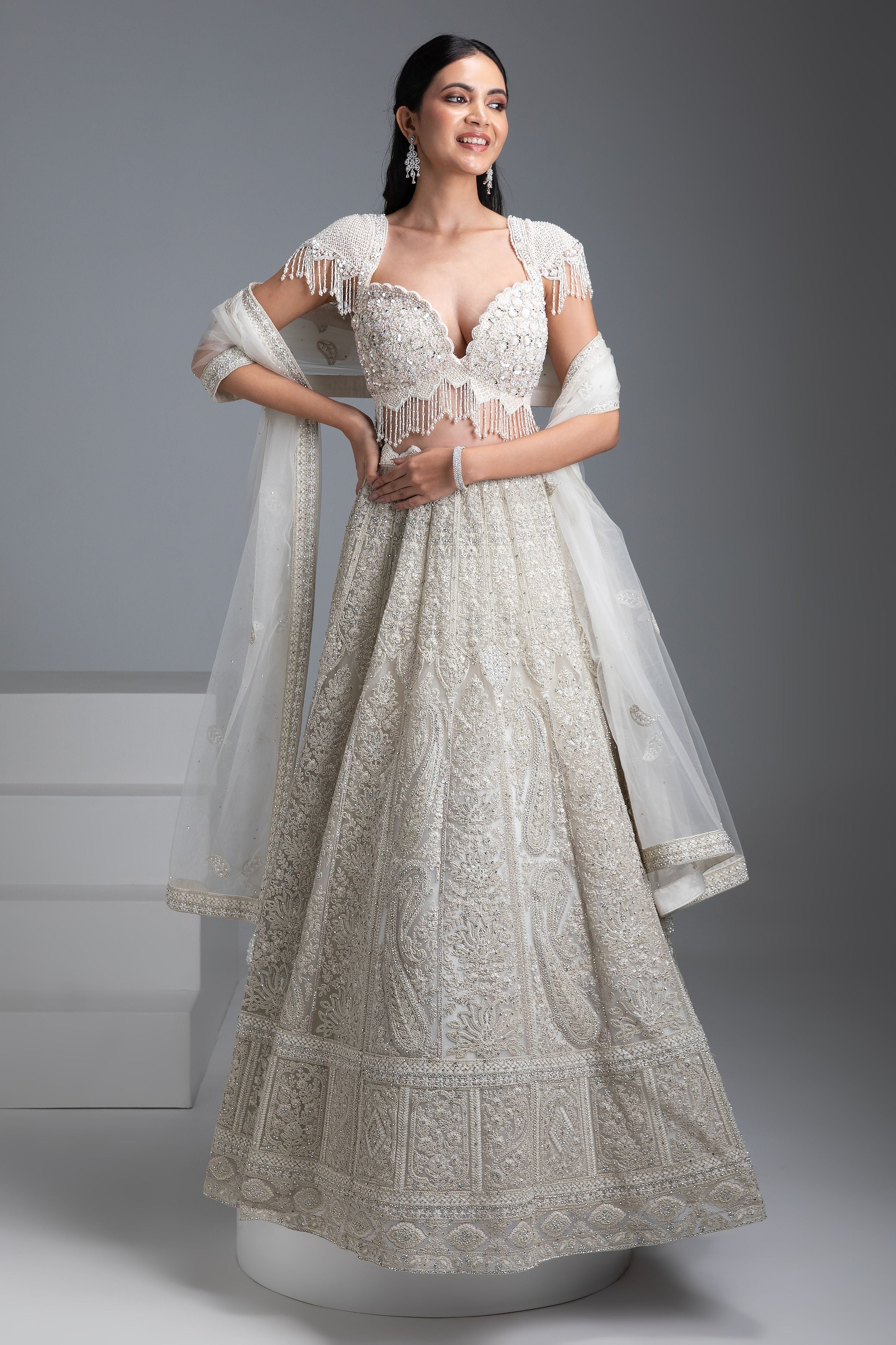 Ivory Embroidered Georgette Lehenga Set - Mokshaa