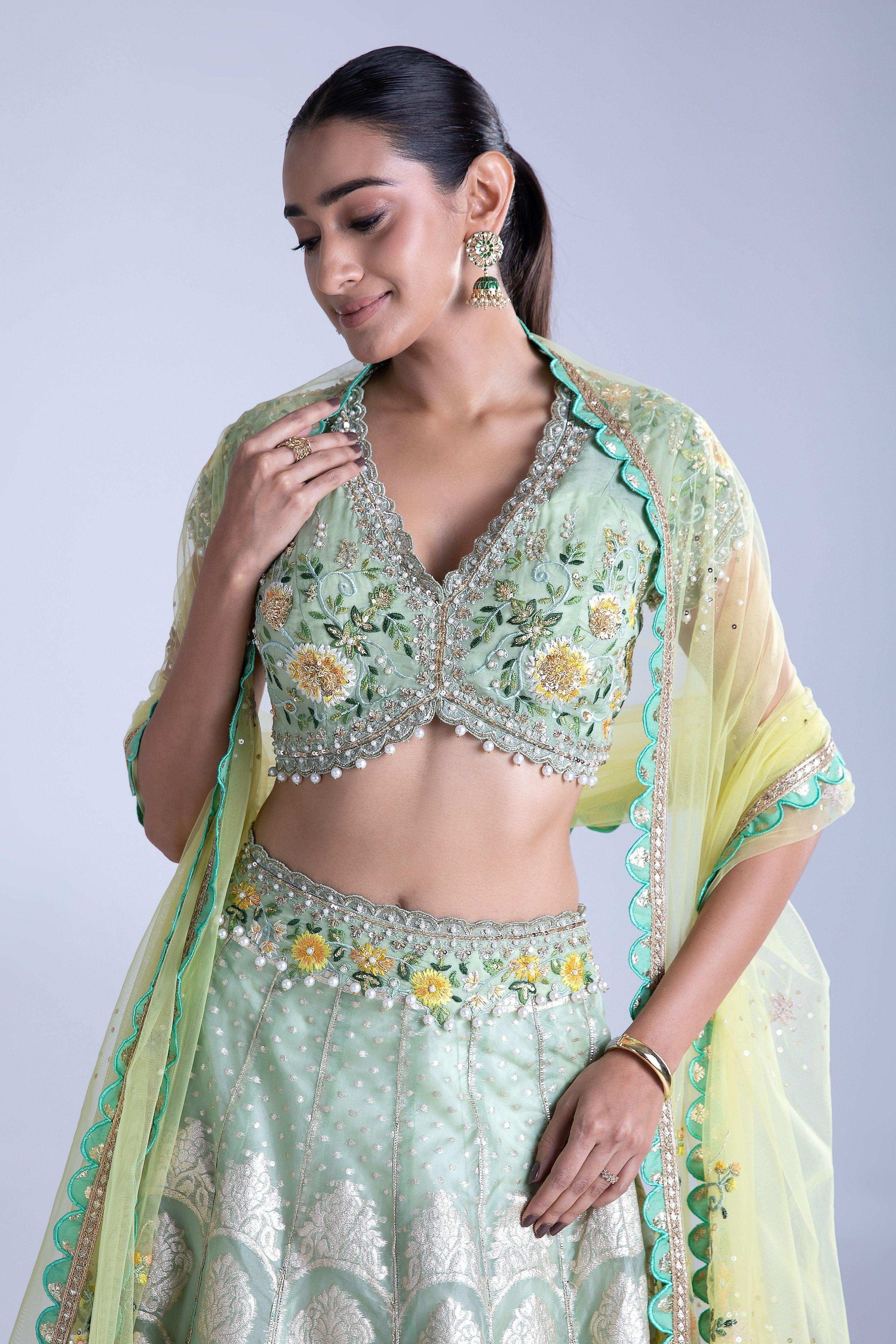 Green Banarasi Silk Lehenga Set - Mokshaa
