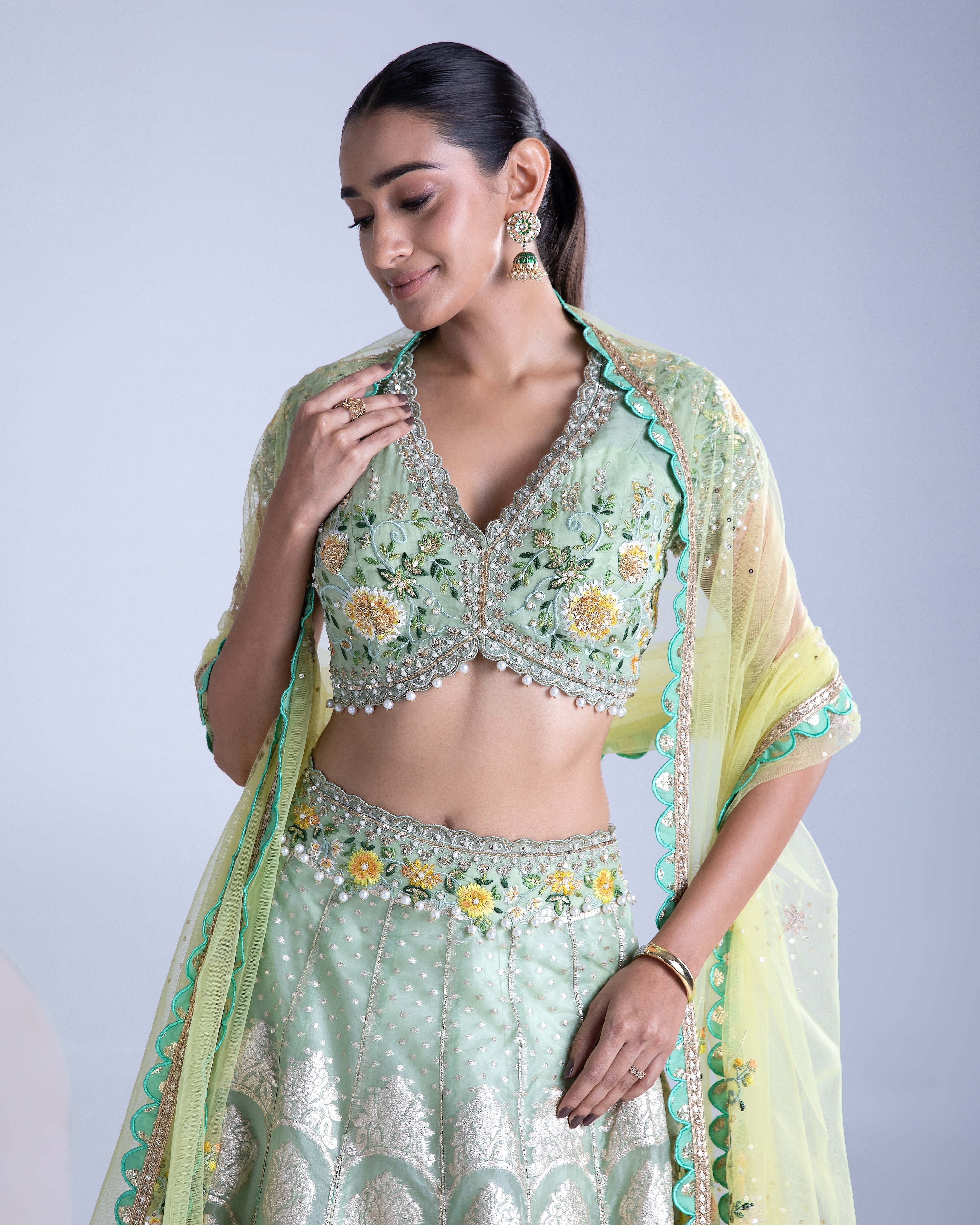 Green Banarasi Silk Lehenga Set - Mokshaa