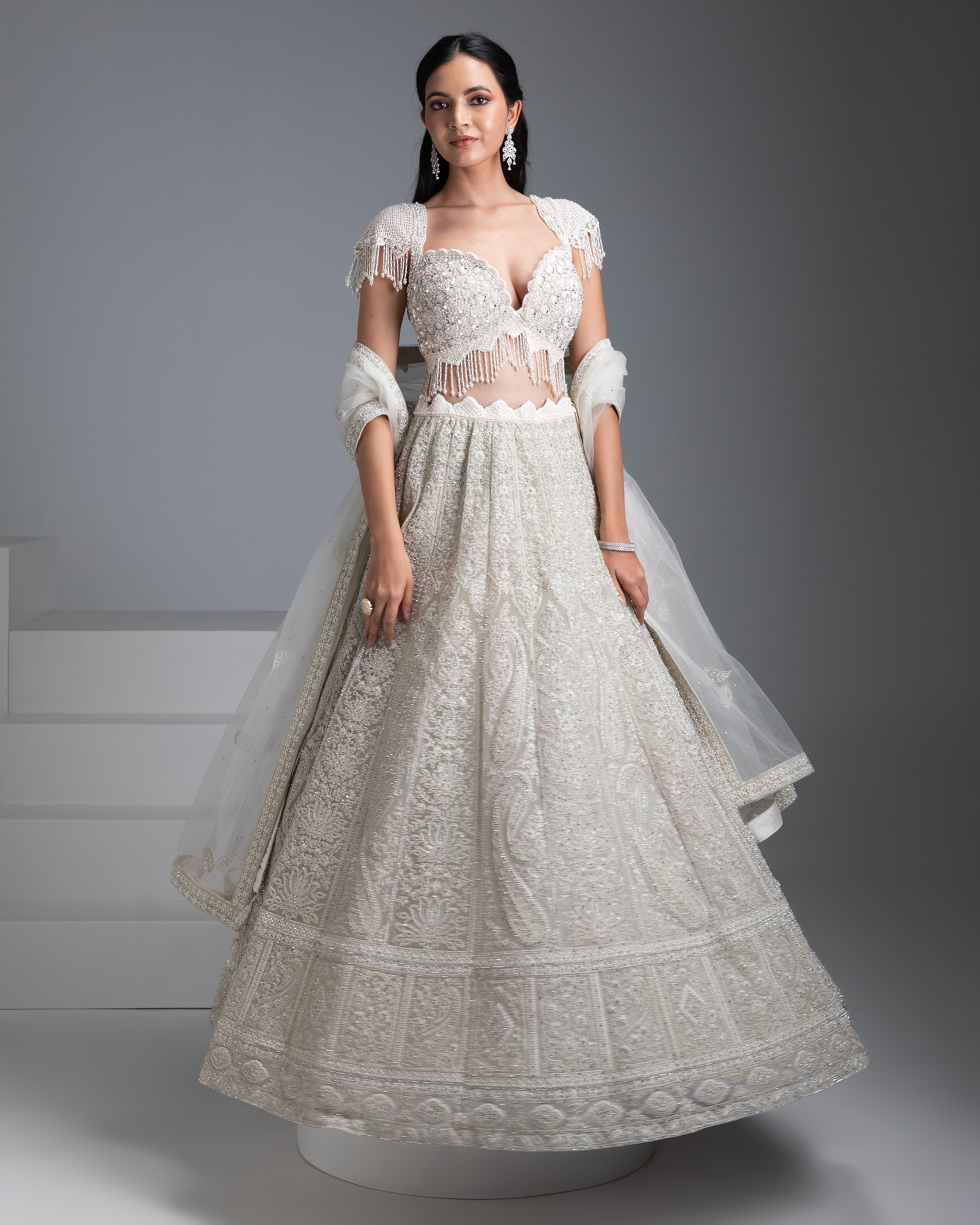 Ivory Embroidered Georgette Lehenga Set - Mokshaa