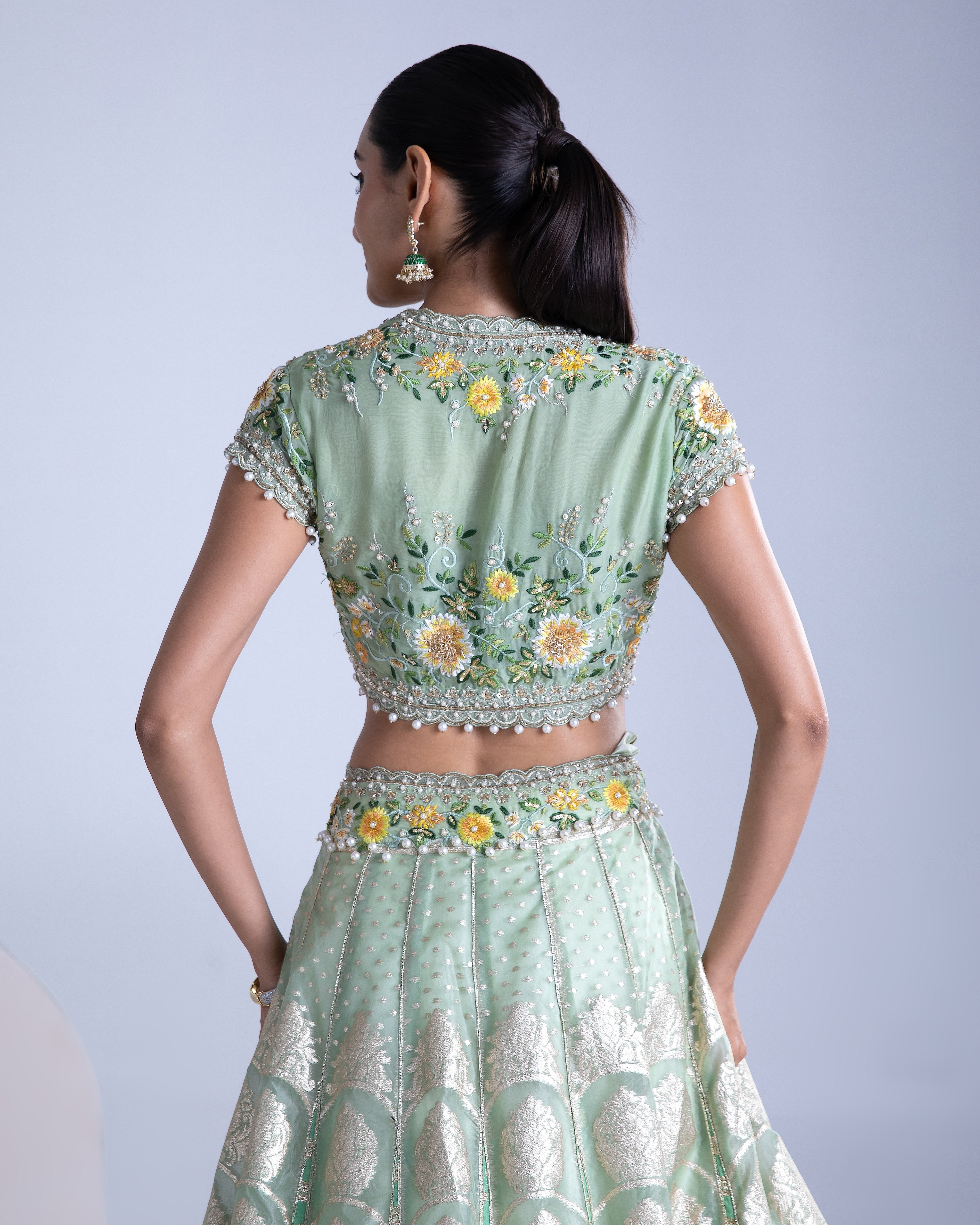 Green Banarasi Silk Lehenga Set - Mokshaa