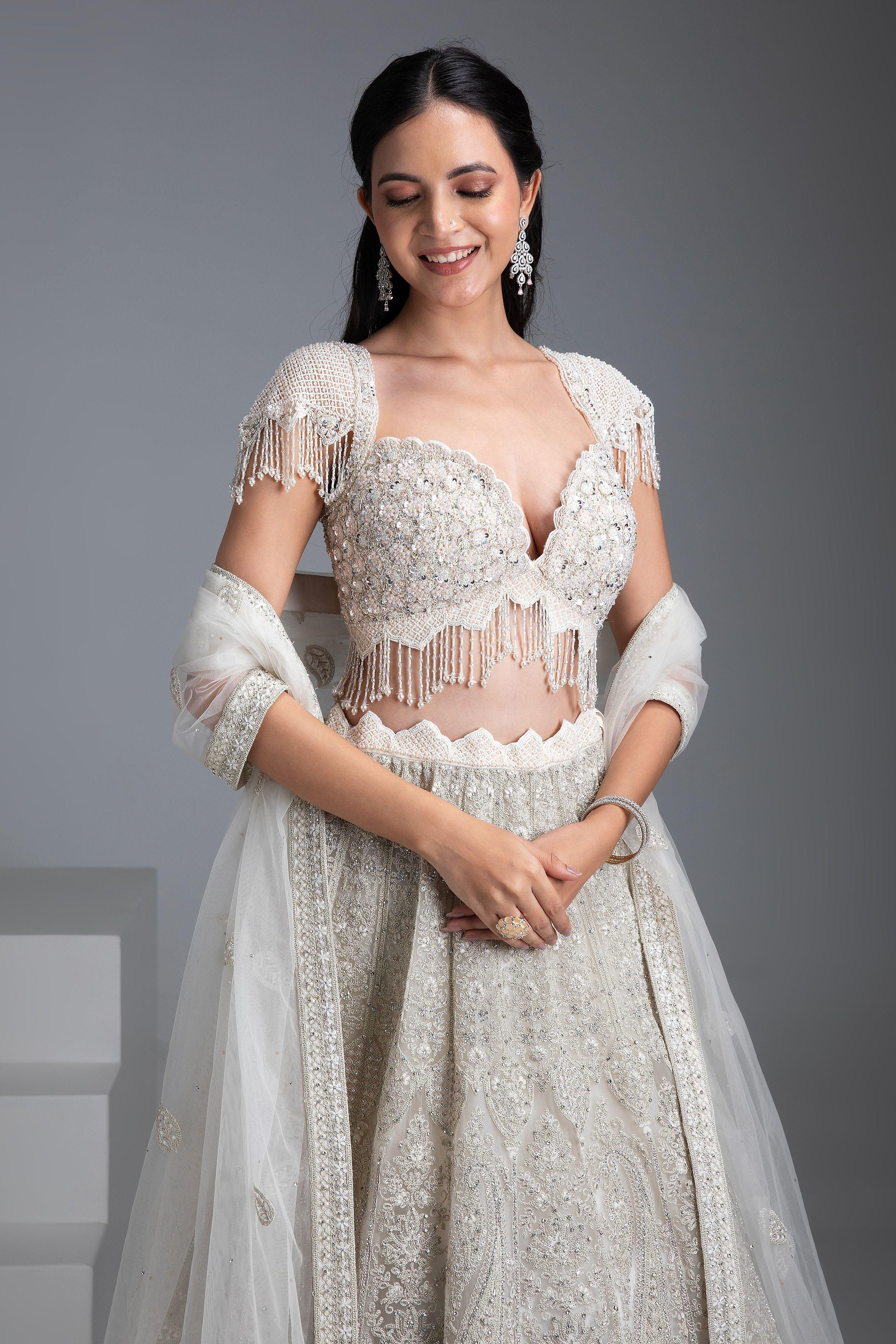 Ivory Embroidered Georgette Lehenga Set - Mokshaa