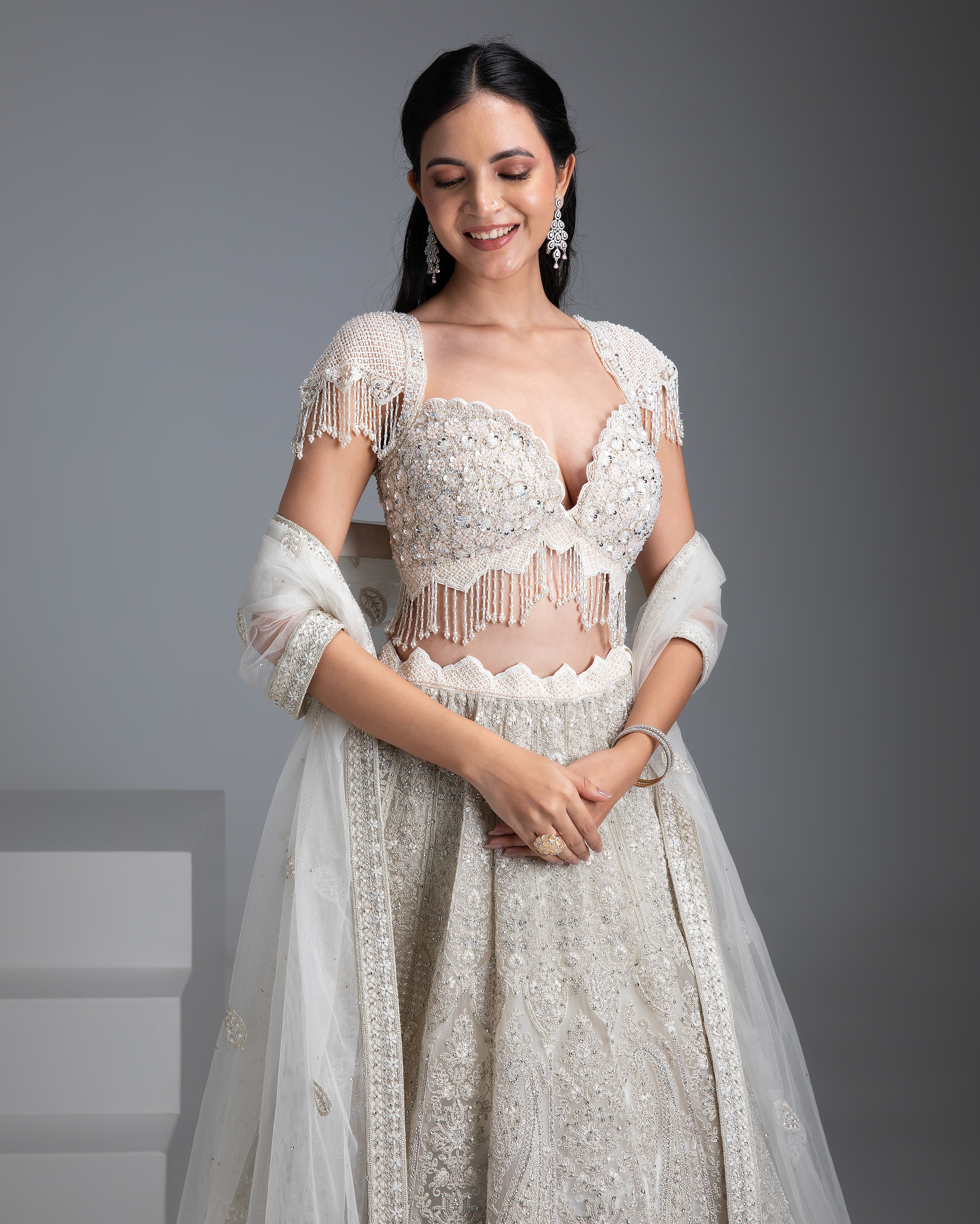 Ivory Embroidered Georgette Lehenga Set - Mokshaa