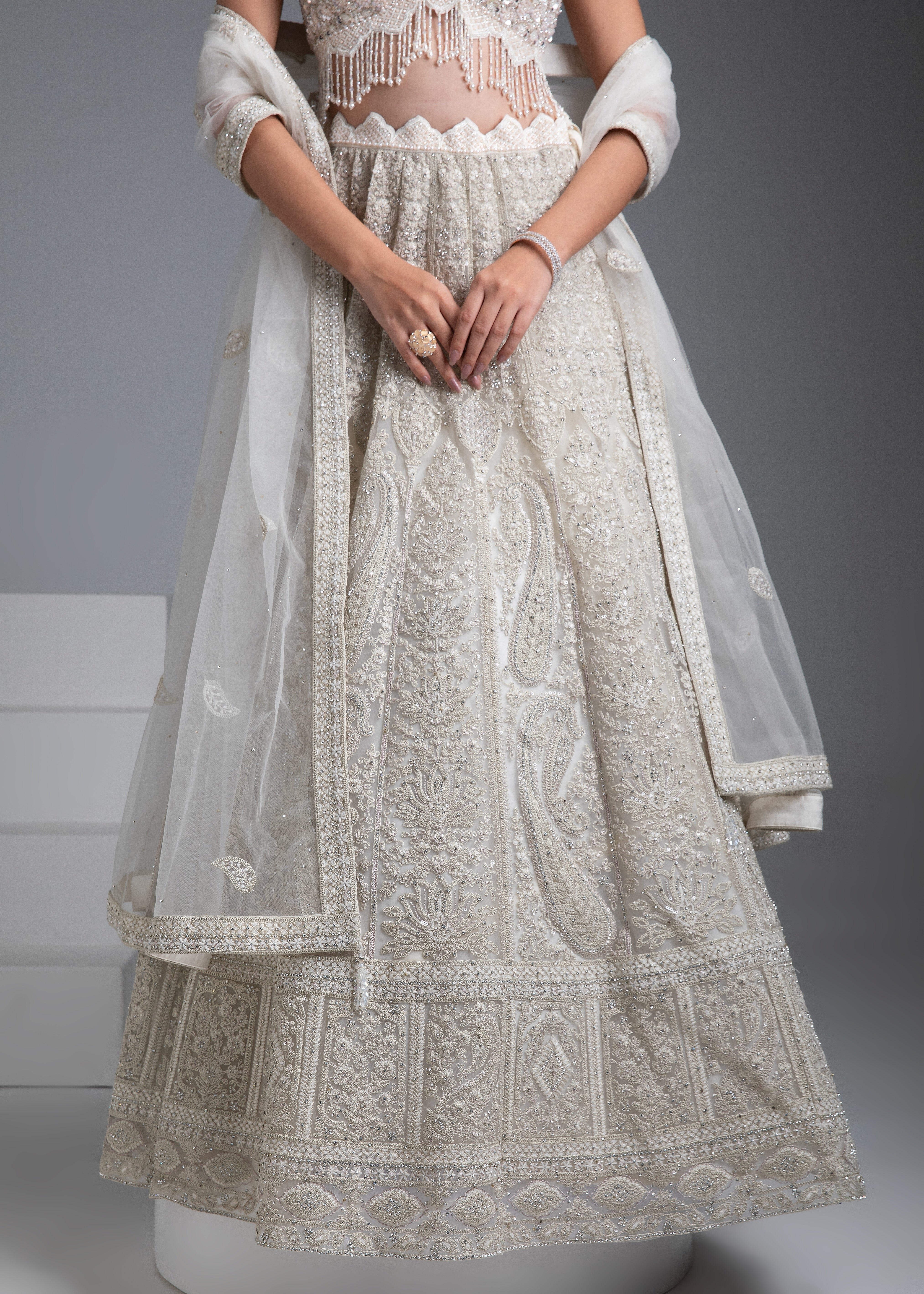 Ivory Embroidered Georgette Lehenga Set - Mokshaa