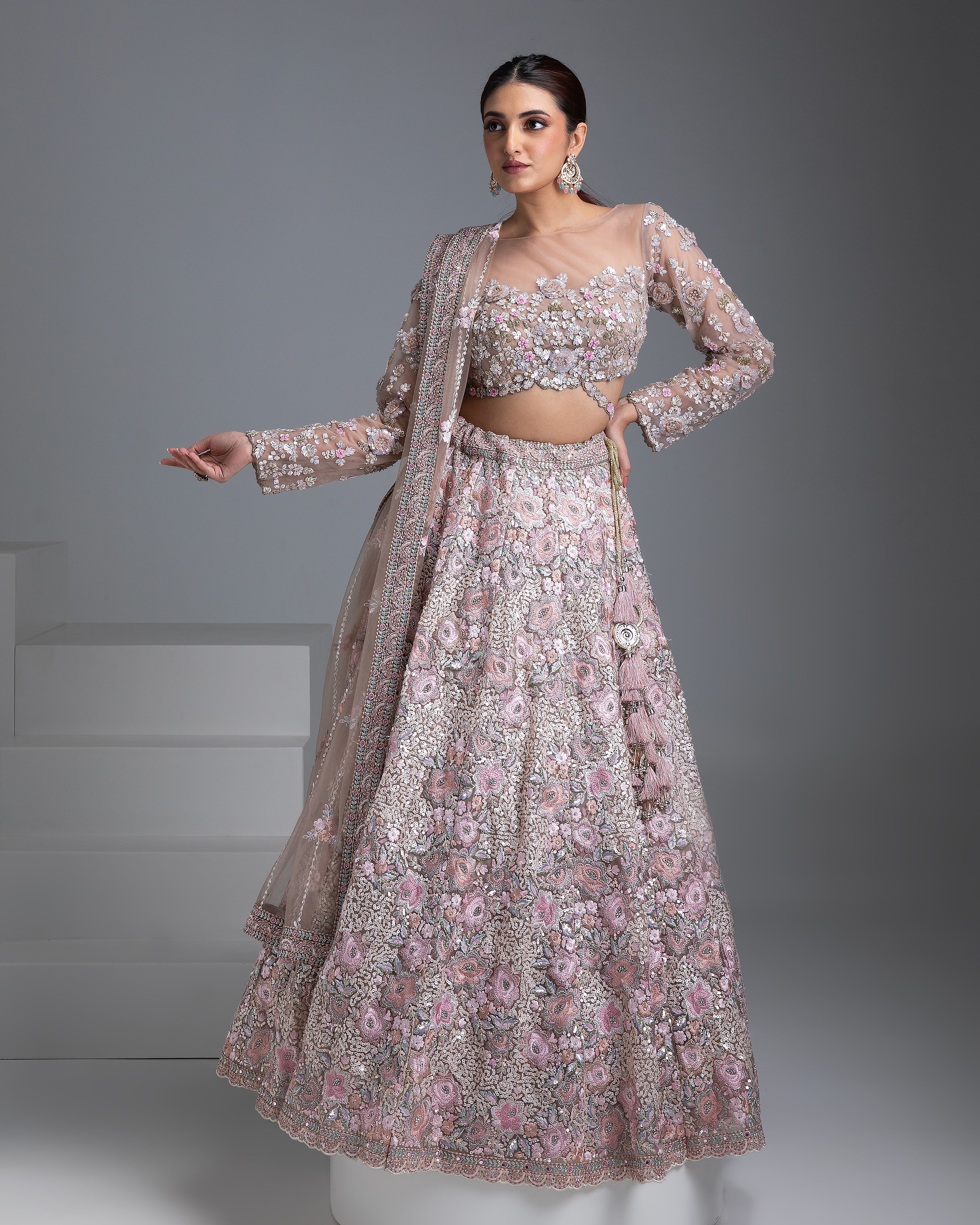 Beige Net Lehenga with Floral Embroidery and Sequin Detailing - Mokshaa