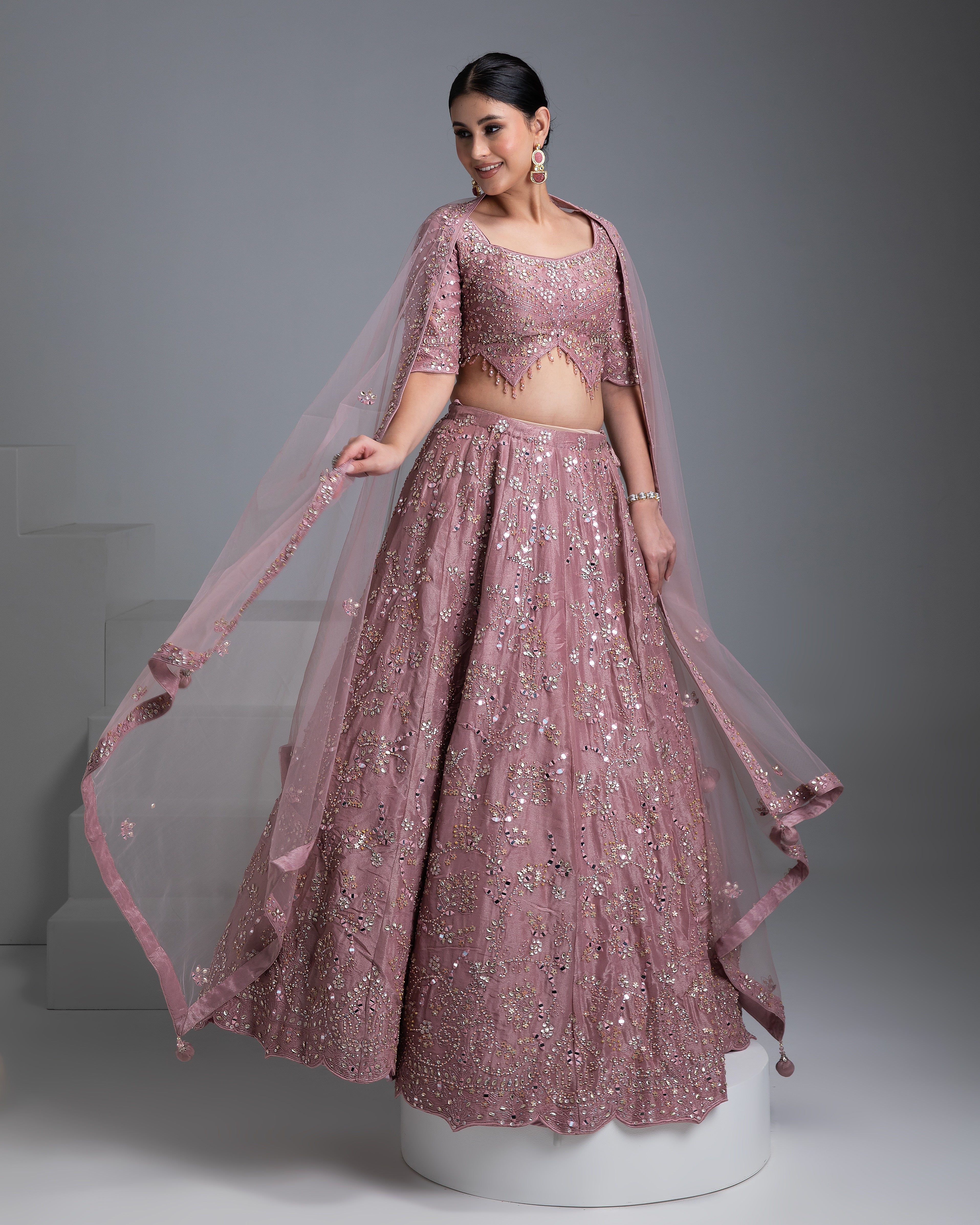 Dusty Rose Silk Lehenga with Mirror Detailing and Floral Embroidery - Mokshaa