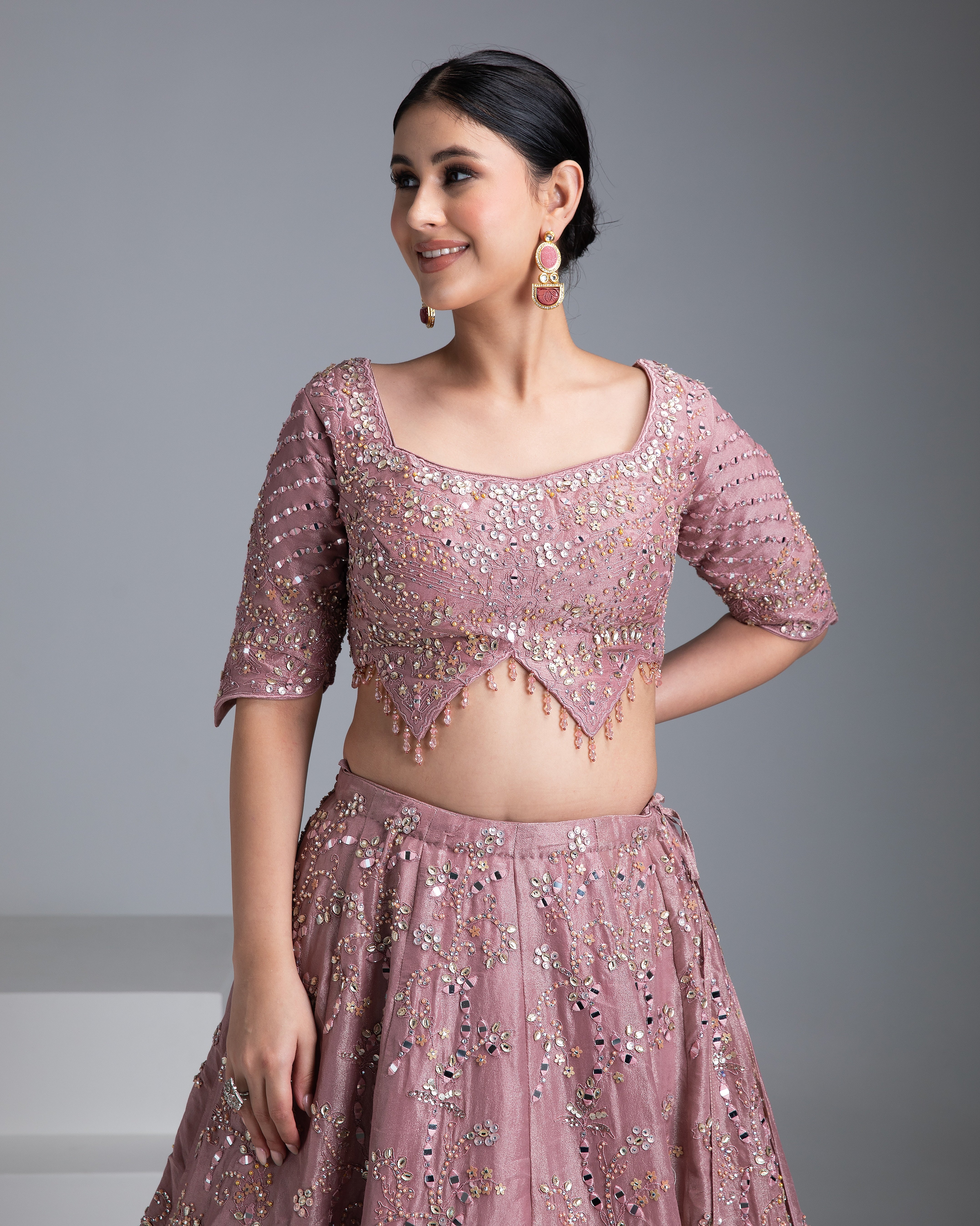 Dusty Rose Silk Lehenga with Mirror Detailing and Floral Embroidery - Mokshaa