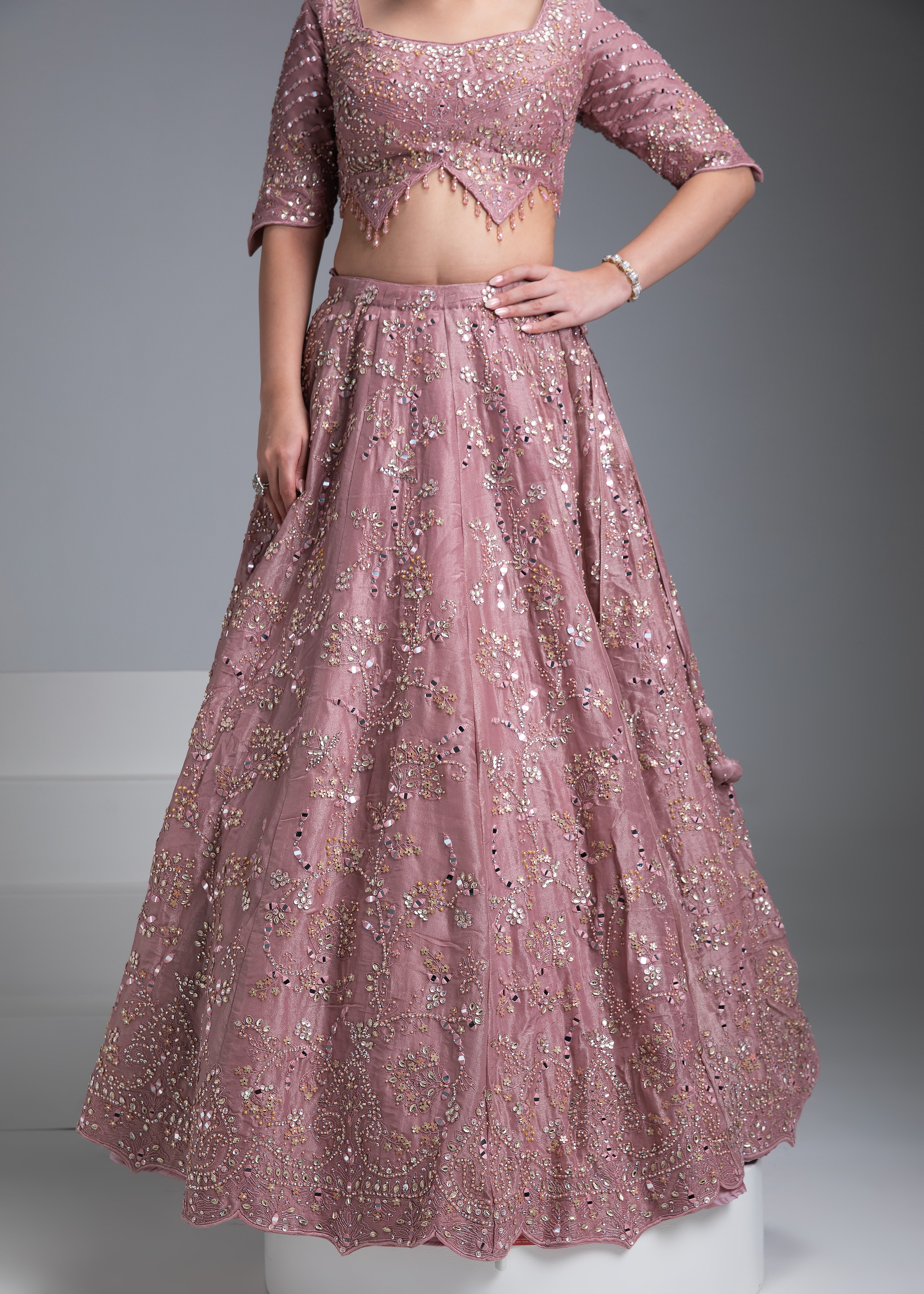 Dusty Rose Silk Lehenga with Mirror Detailing and Floral Embroidery - Mokshaa