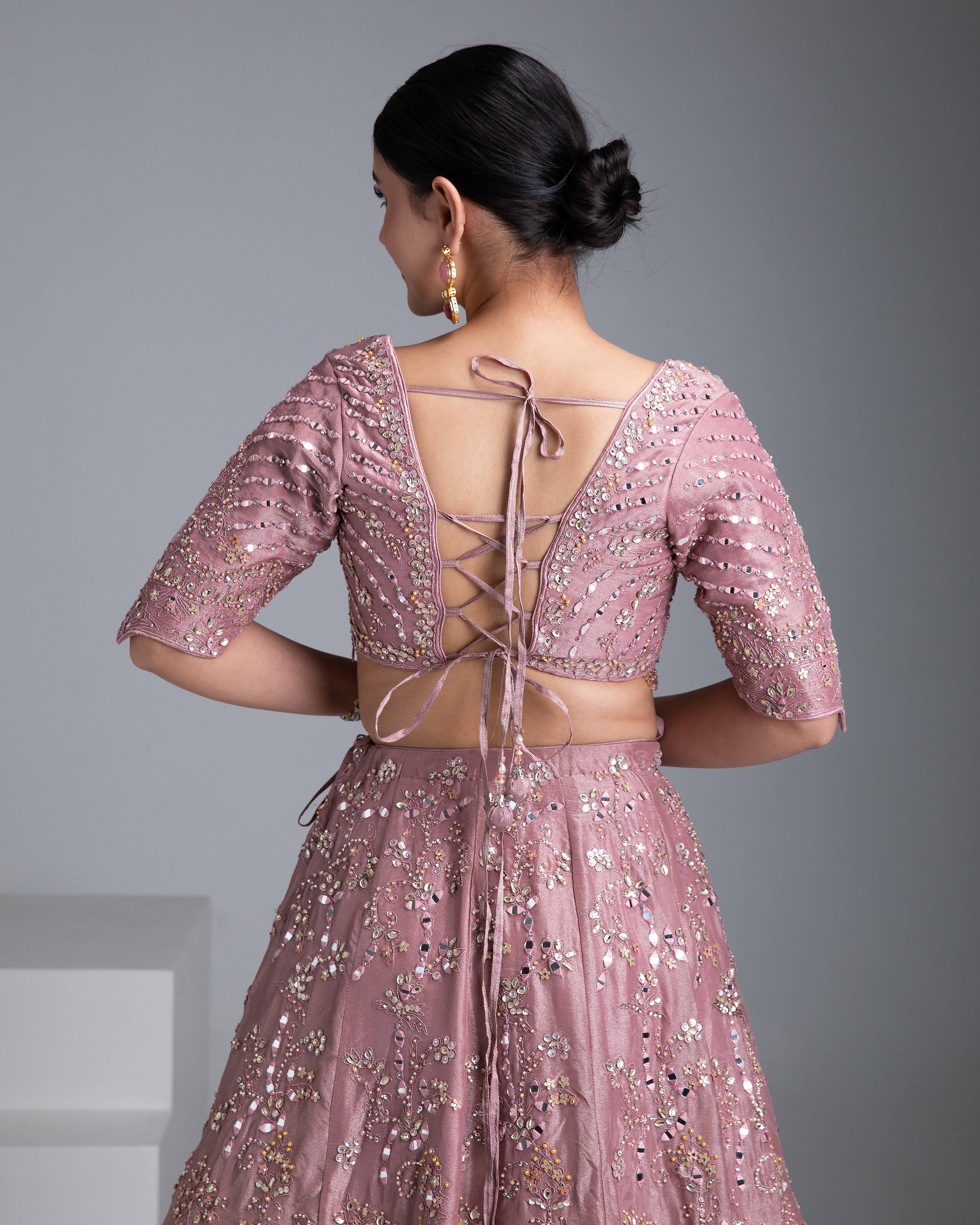 Dusty Rose Silk Lehenga with Mirror Detailing and Floral Embroidery - Mokshaa