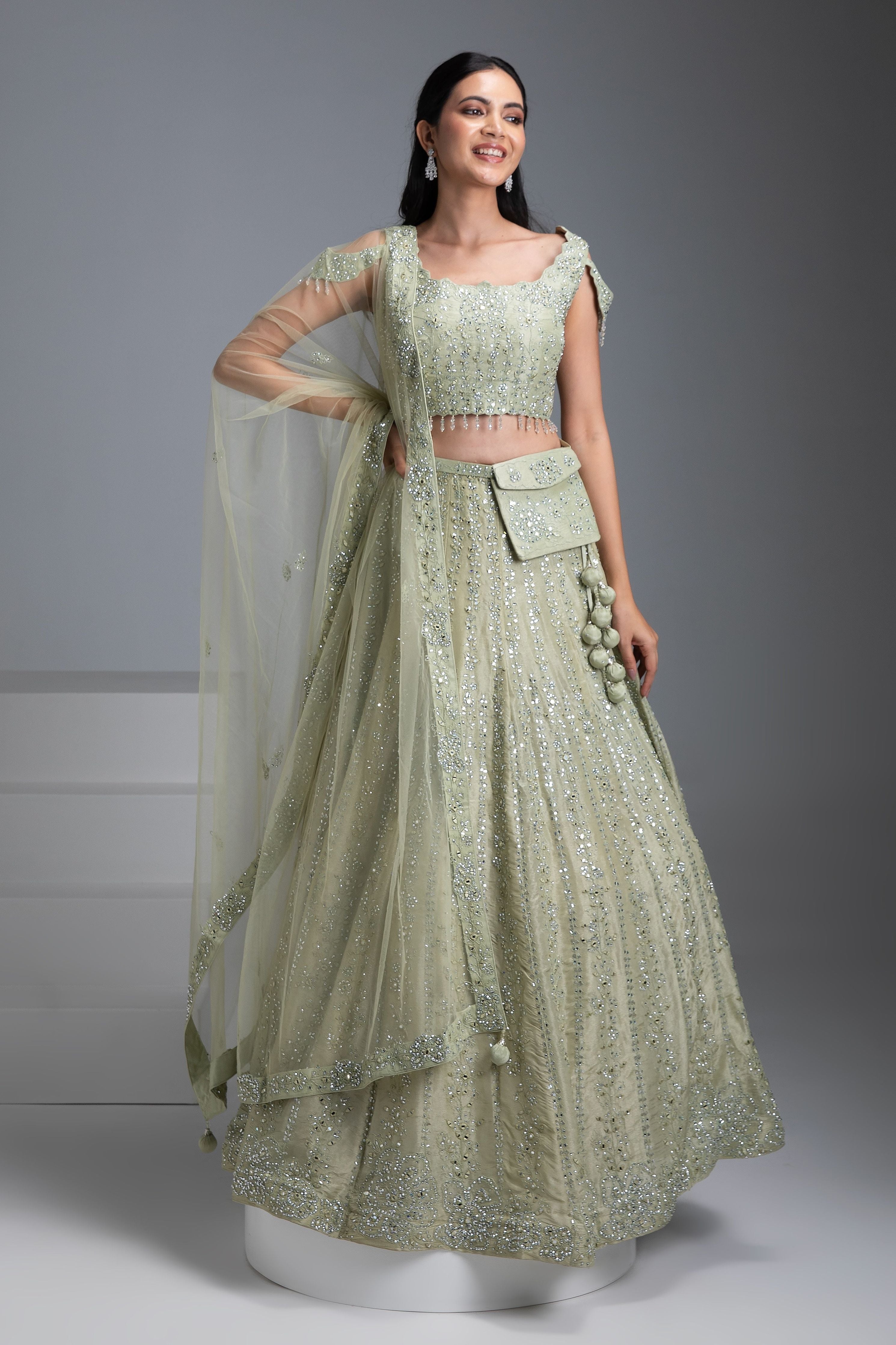 Pastel Green Tissue Silk Lehenga with Mirror Embroidery - Mokshaa