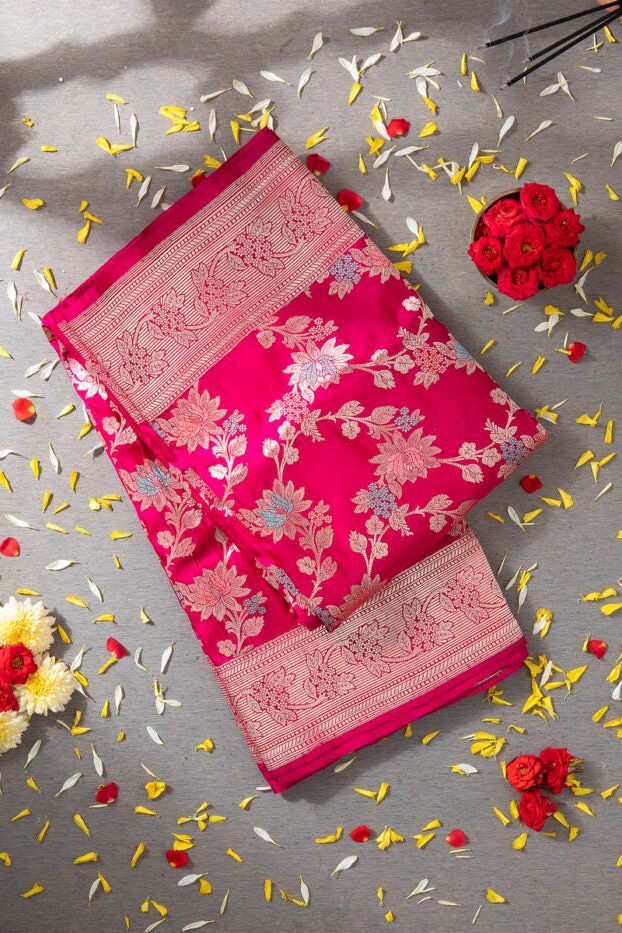 DARK PINK BANARASI SILK SAREE - Mokshaa