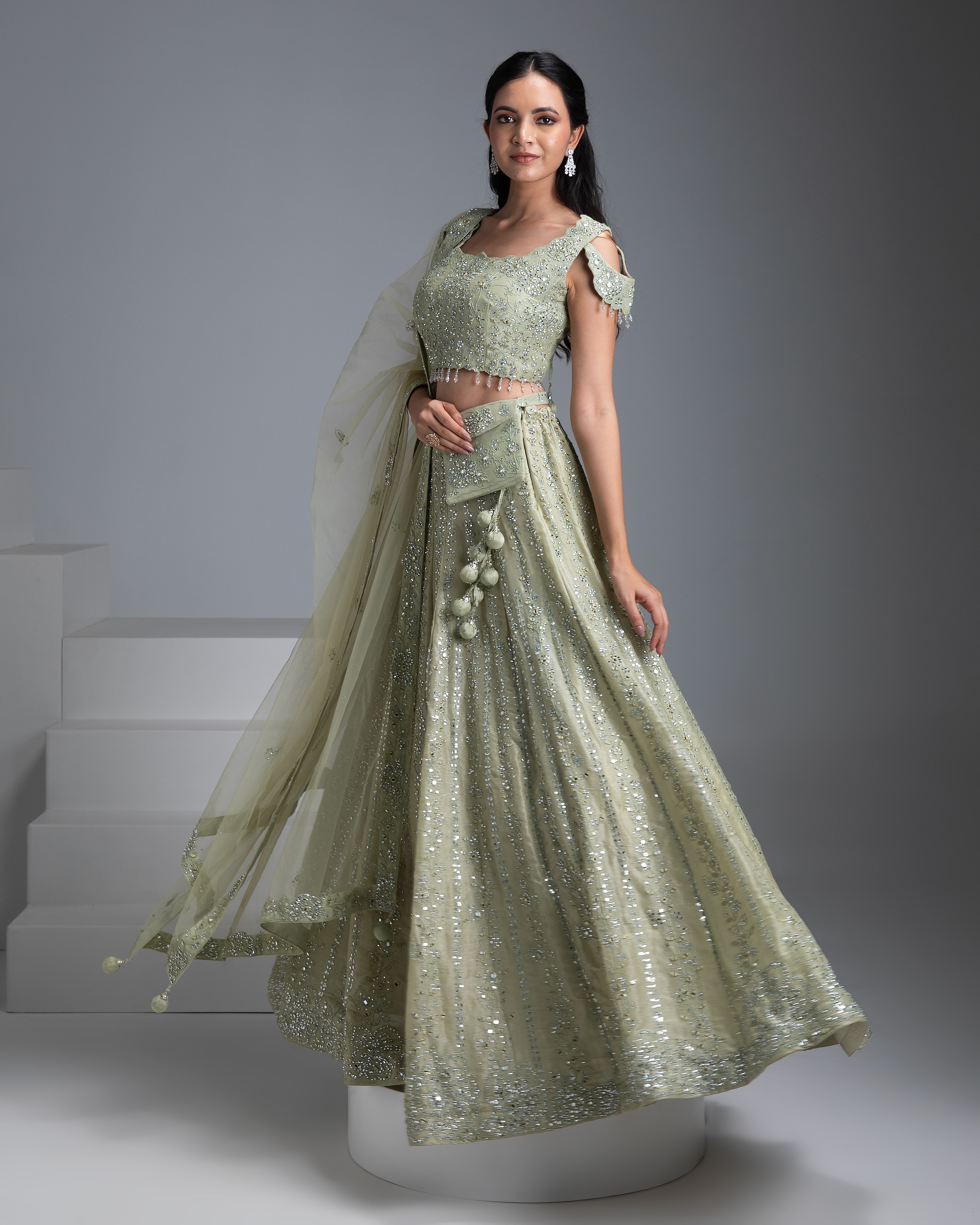 Pastel Green Tissue Silk Lehenga with Mirror Embroidery - Mokshaa