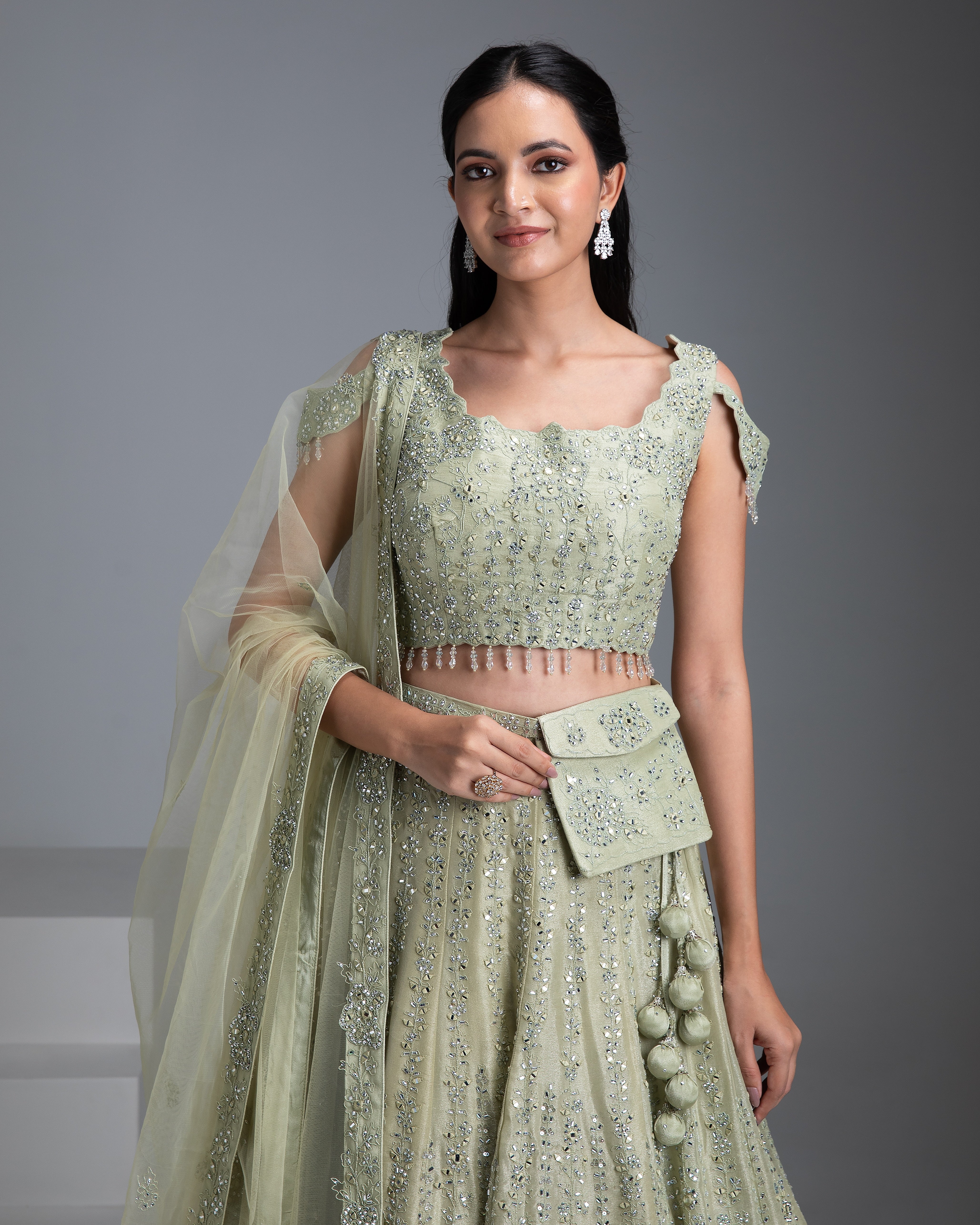 Pastel Green Tissue Silk Lehenga with Mirror Embroidery - Mokshaa