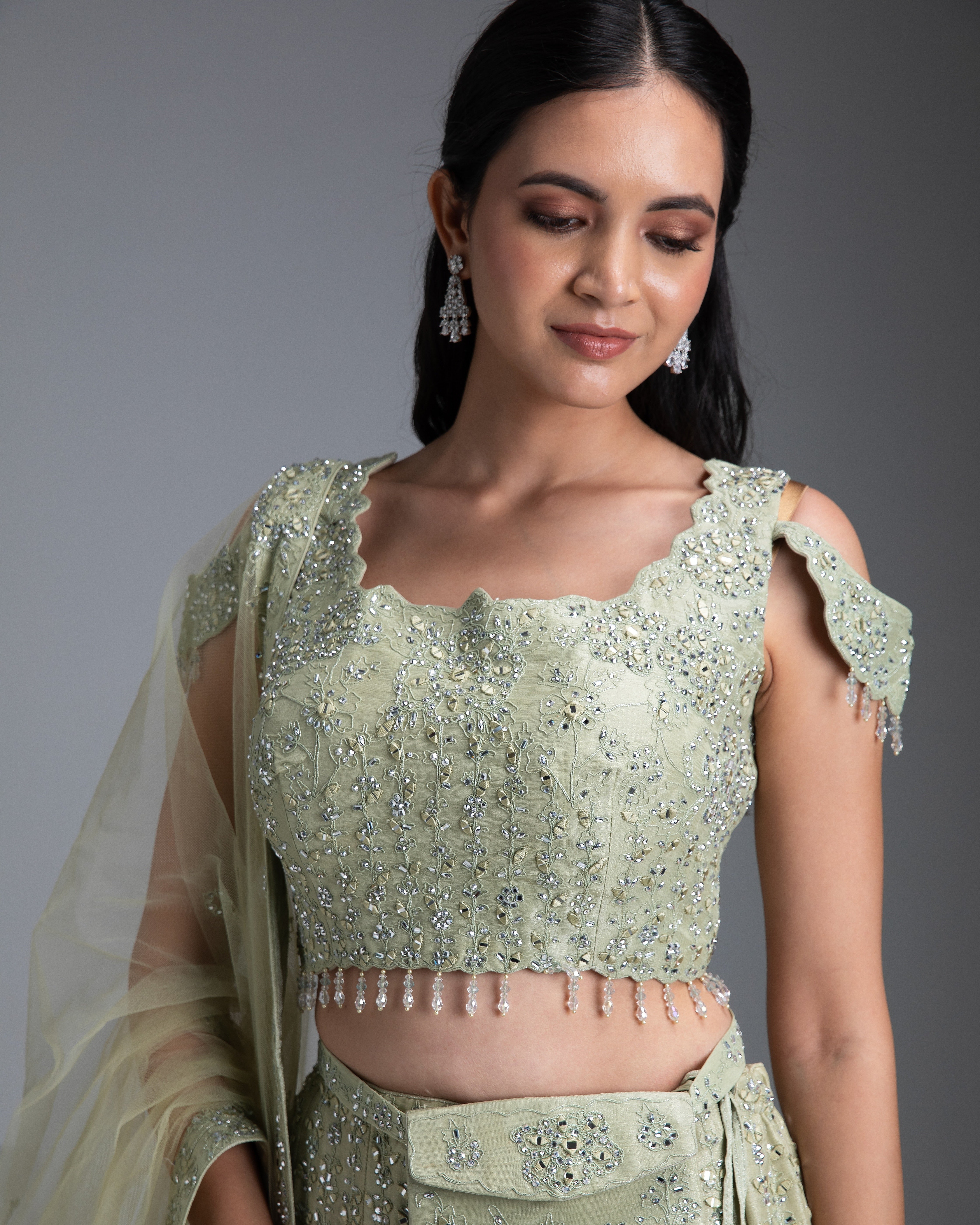 Pastel Green Tissue Silk Lehenga with Mirror Embroidery - Mokshaa