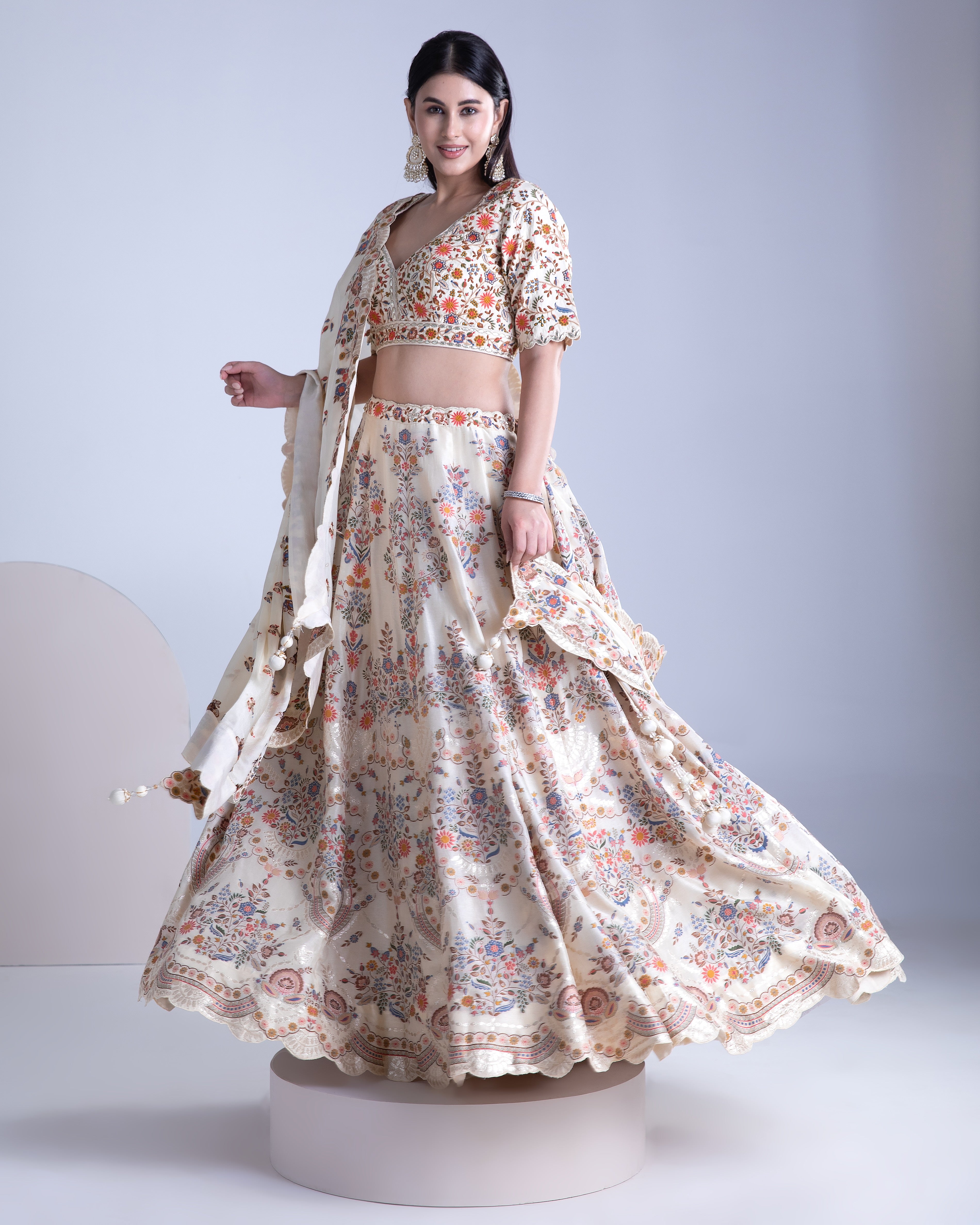 Beige Banarasi Silk Lehenga Set - Mokshaa