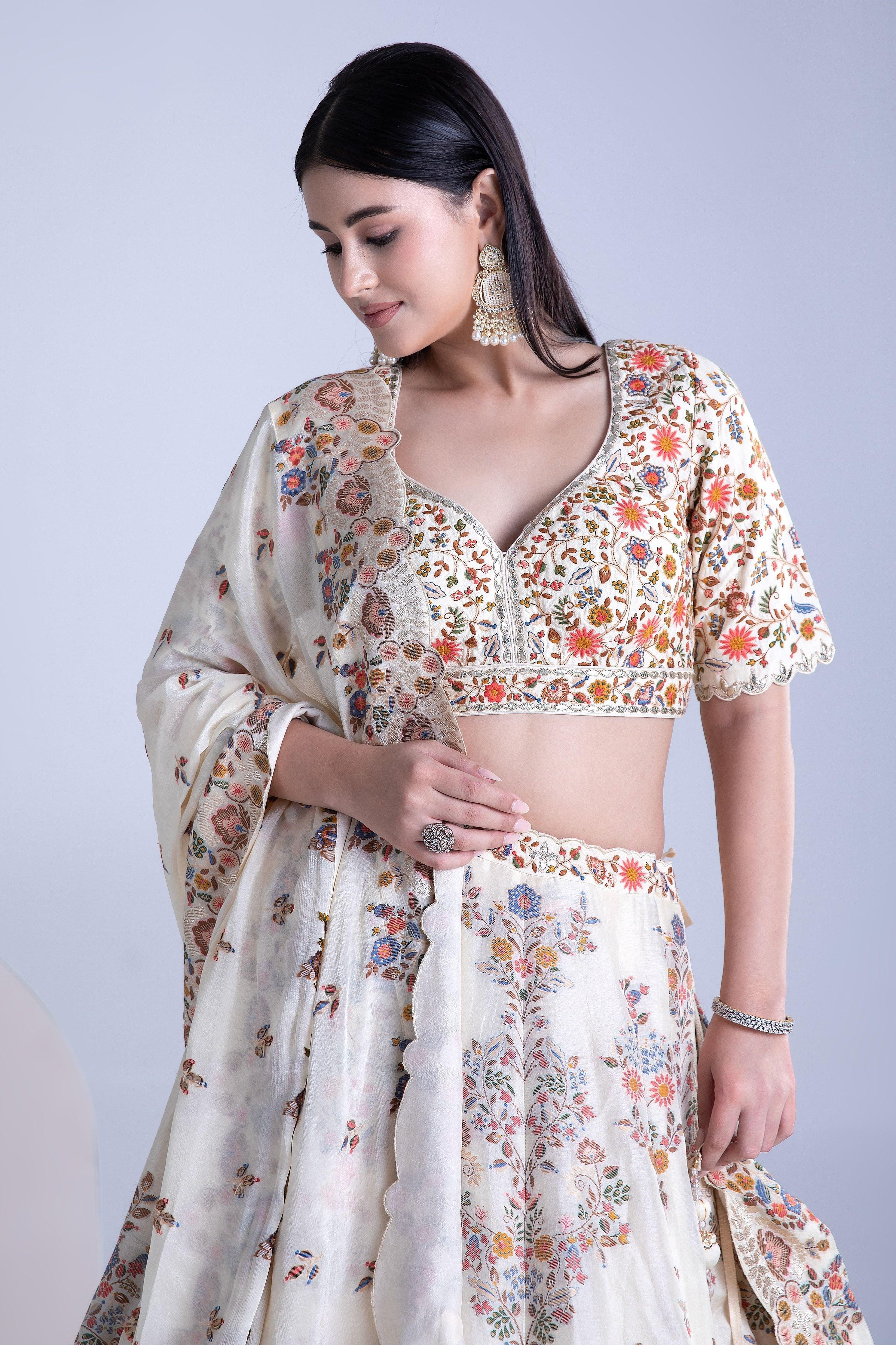 Beige Banarasi Silk Lehenga Set - Mokshaa