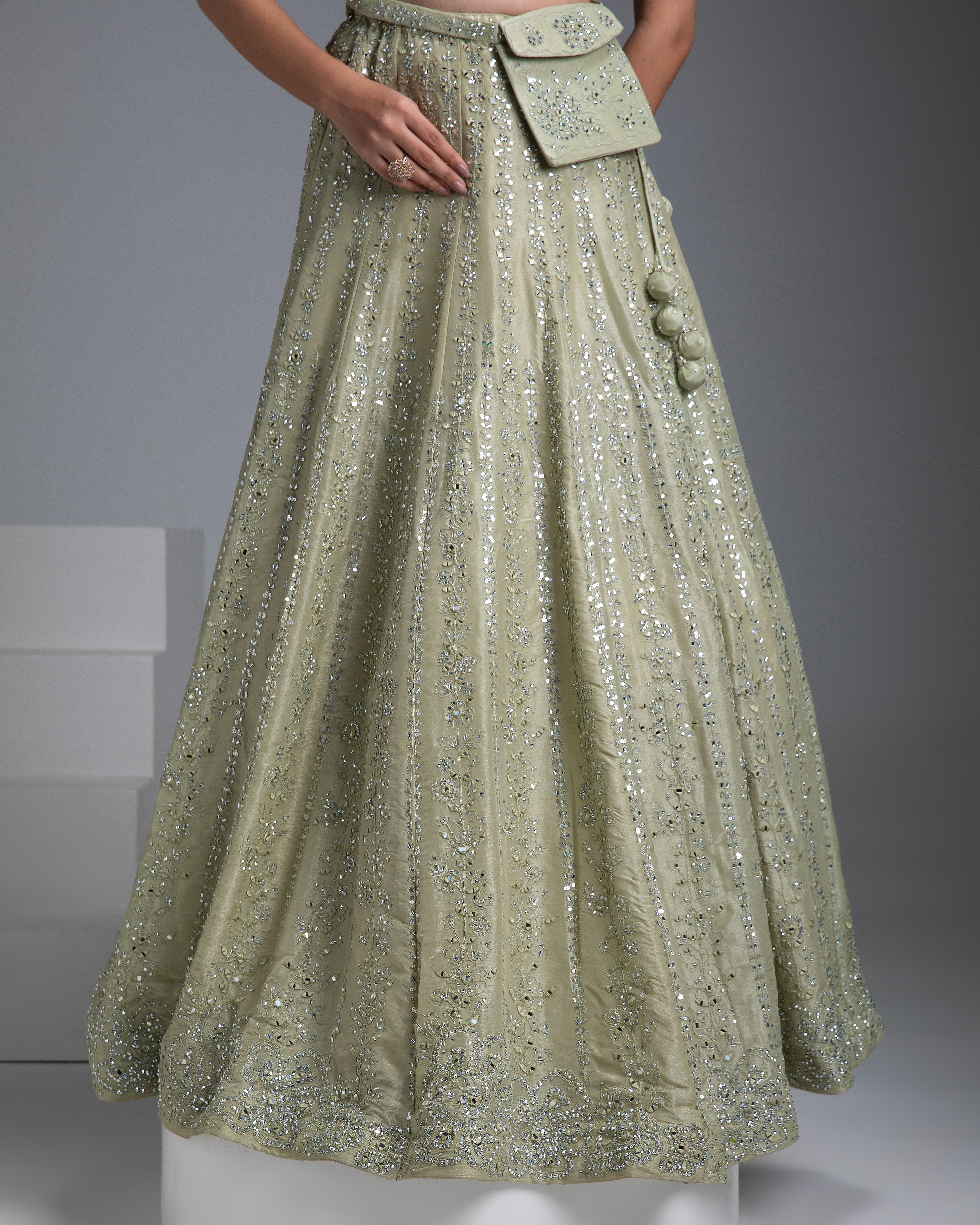 Pastel Green Tissue Silk Lehenga with Mirror Embroidery - Mokshaa