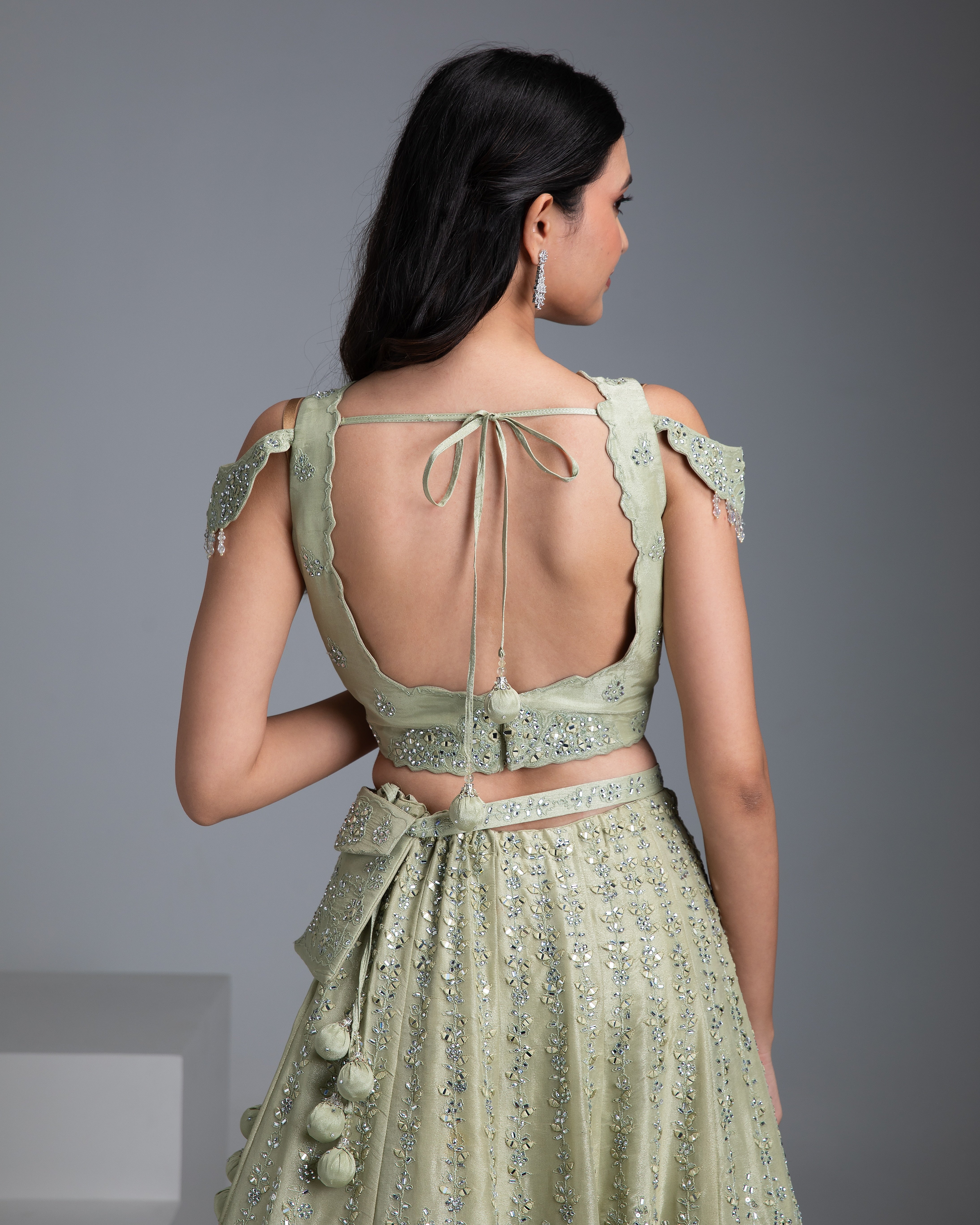 Pastel Green Tissue Silk Lehenga with Mirror Embroidery - Mokshaa